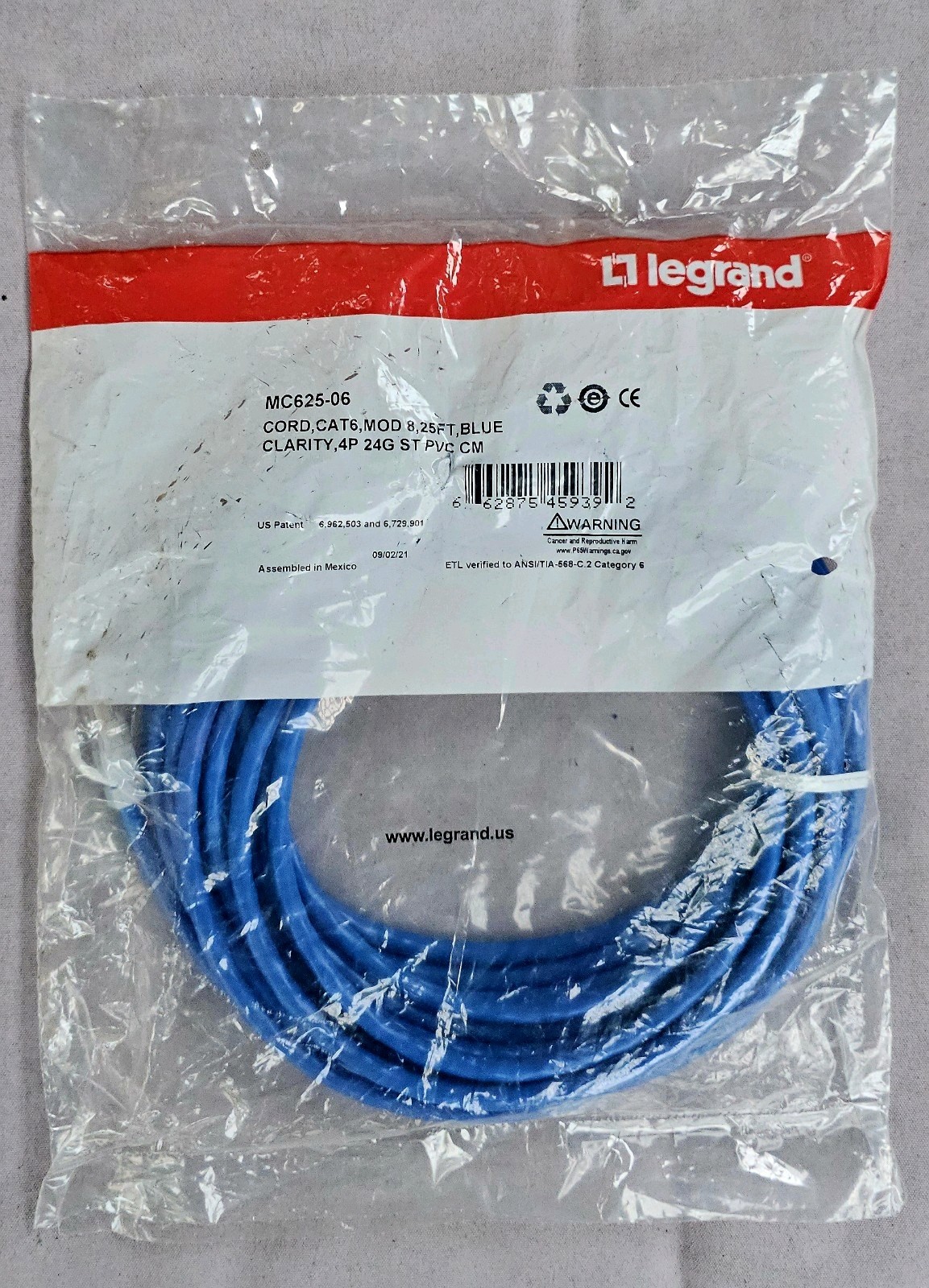 Legrand-MC625-06-Clarity Cat 6  UTP Mod 8 Patch Cord, 25ft, Blue (8 available).