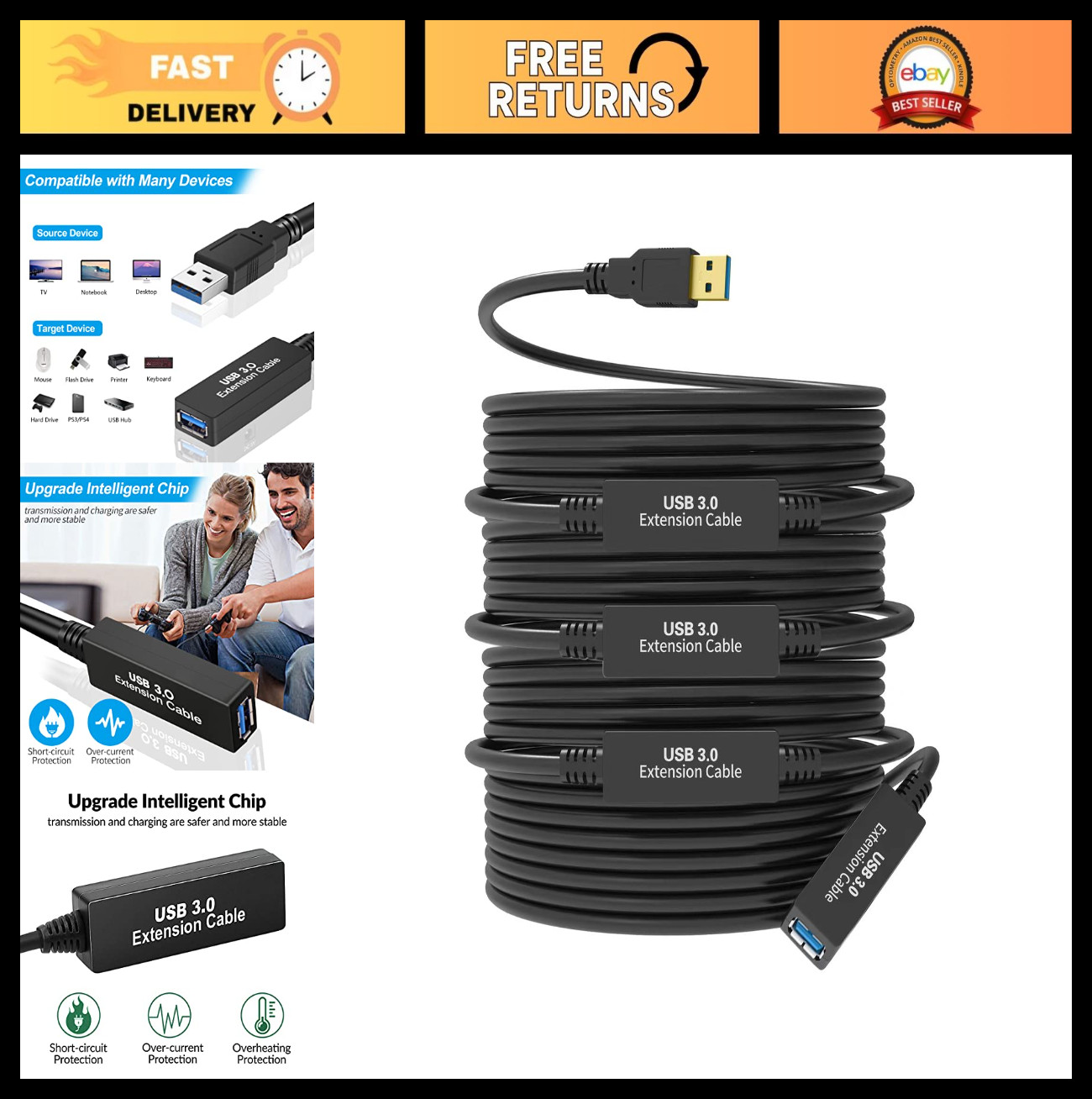 100FT USB 3.0 Active Extension Cable A-Male to A-Female, High-Speed Data for VR,