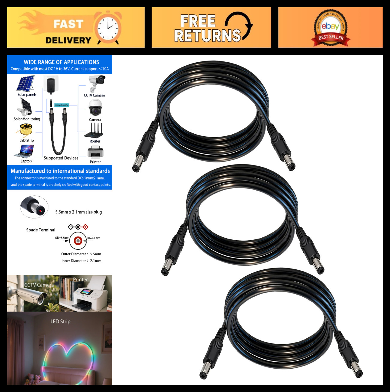 12V DC Power Cable 3-Pack, 5.5mm x 2.1mm Male to Male Extension, 18AWG for CCTV,