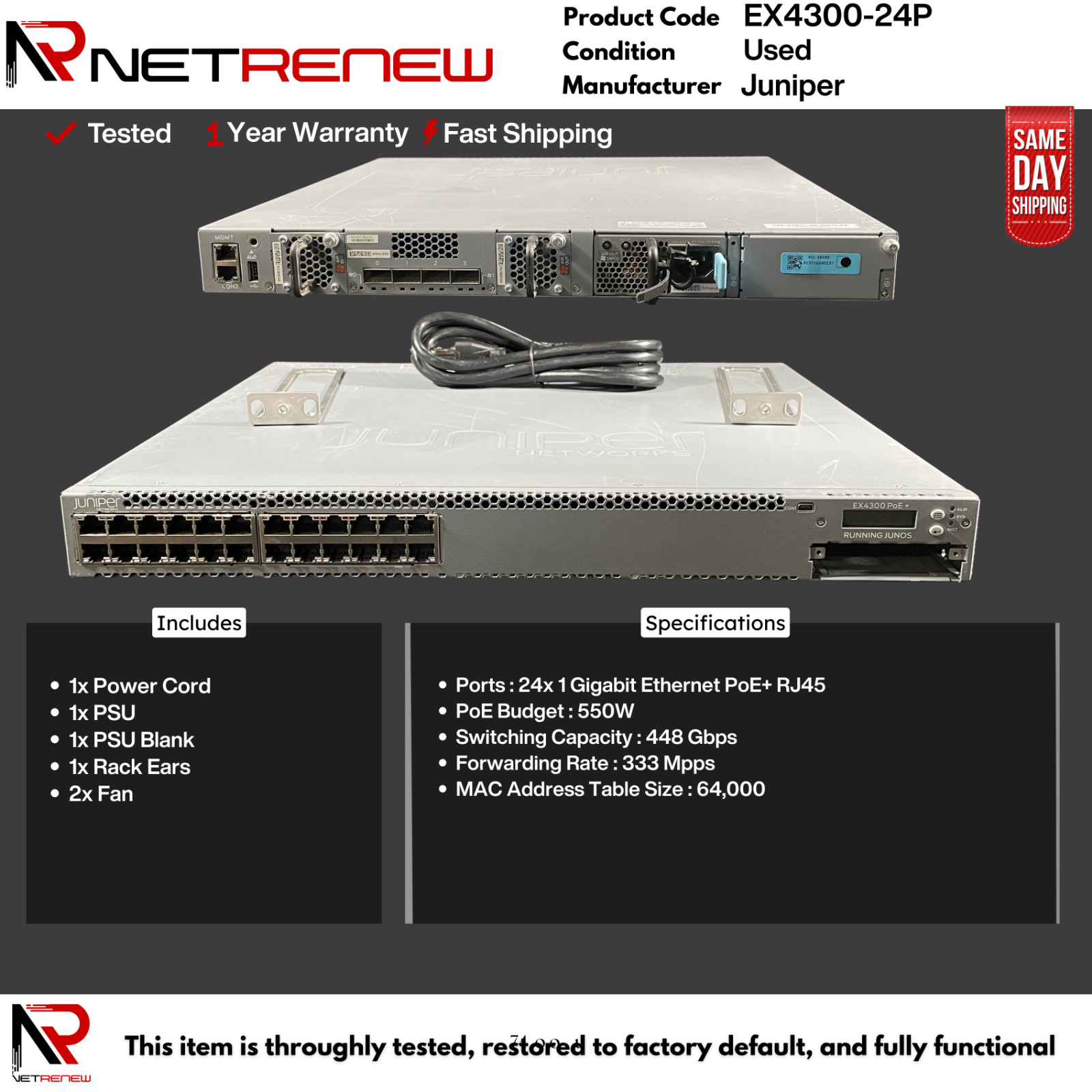 EX4300-24P  Juniper  PoE+  24 Ports+  4x QSFP+ Uplinks Switch