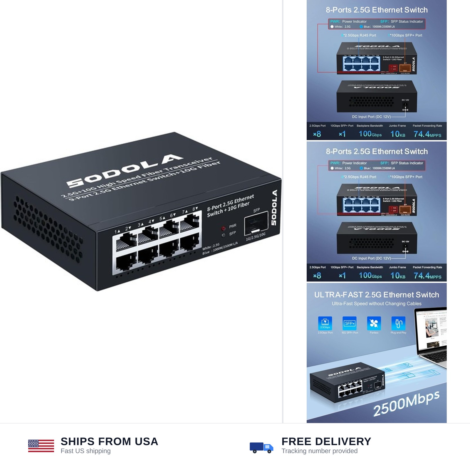 SODOLA 8-Port Unmanaged 2.5G Switch,8 x 2.5GBASE-T Ports,1X10G SFP+,100Gbps S...