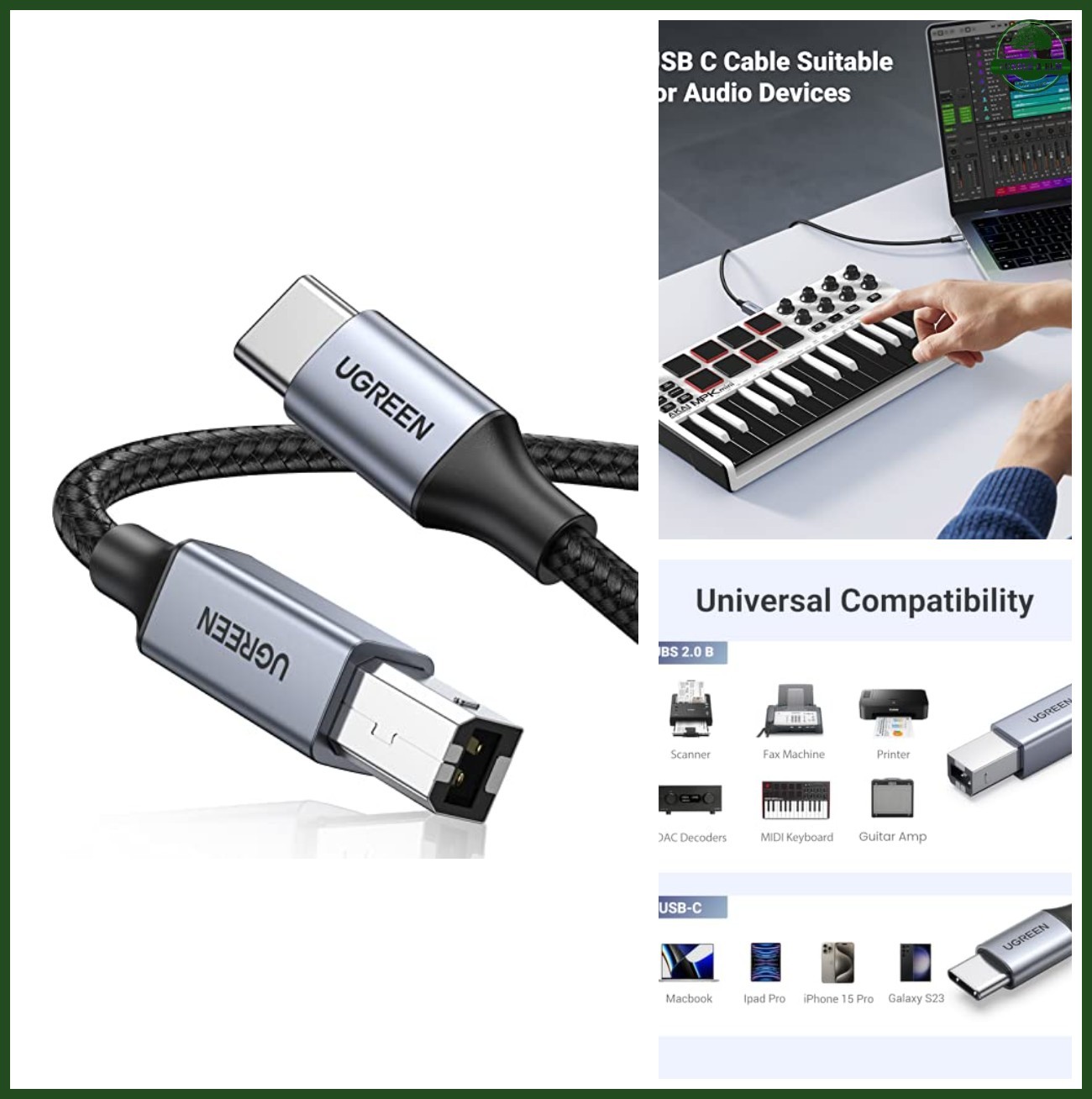 UGREEN USB-B to USB-C Cable 16FT, Nylon Braided for Printer & MIDI