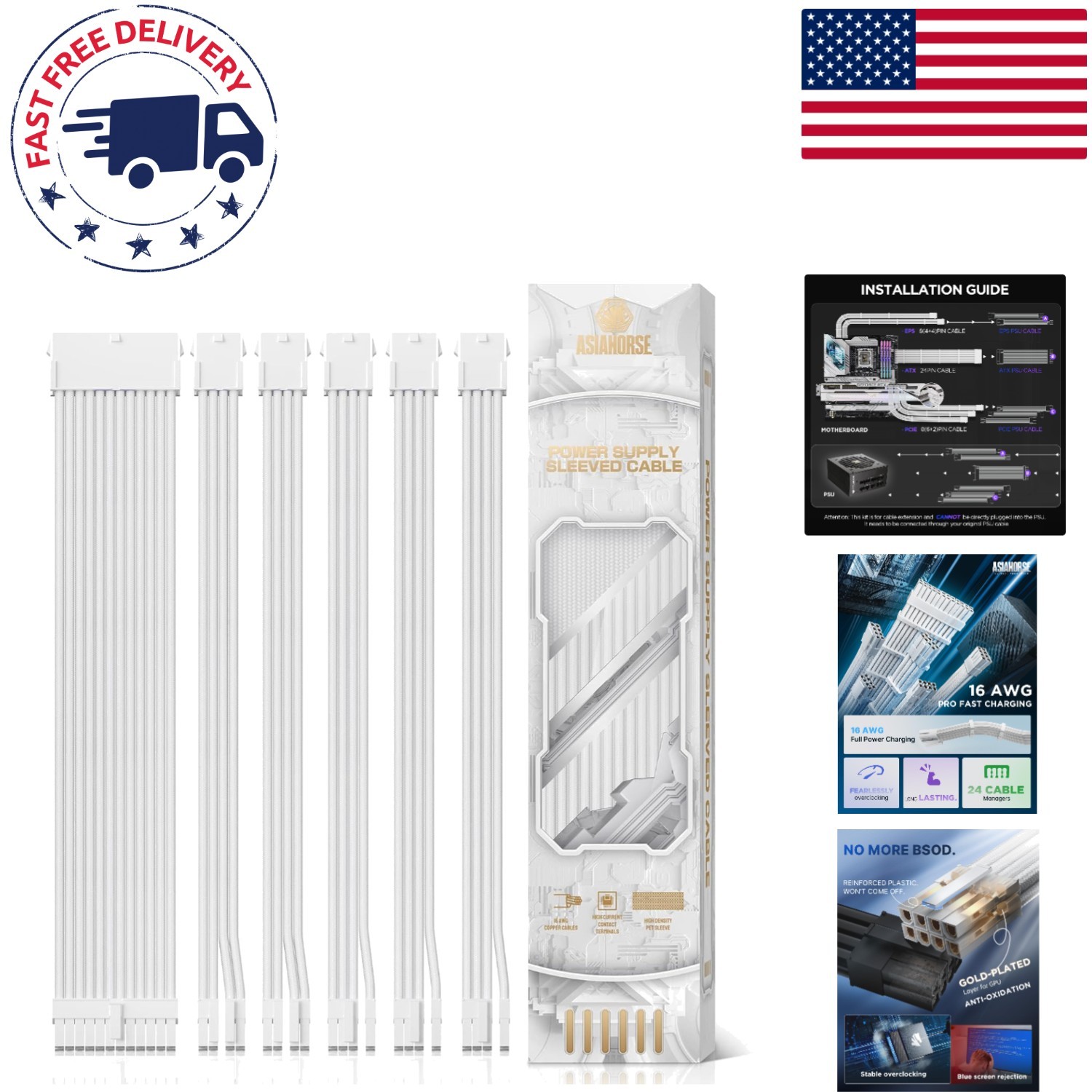 Tangle-Free 16 AWG Power Supply Extension Kit - 1x24Pin, 2x4+4 EPS & 3x6+2 PCI-E