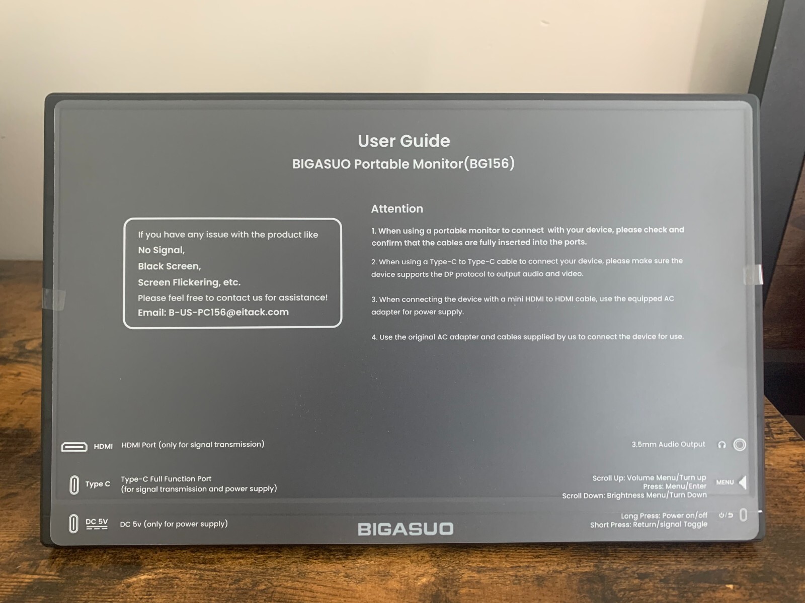 BIGASUO Portable Monitor, 15.6'' 1080P FHD Portable Monitor for Laptop, USB-C HD