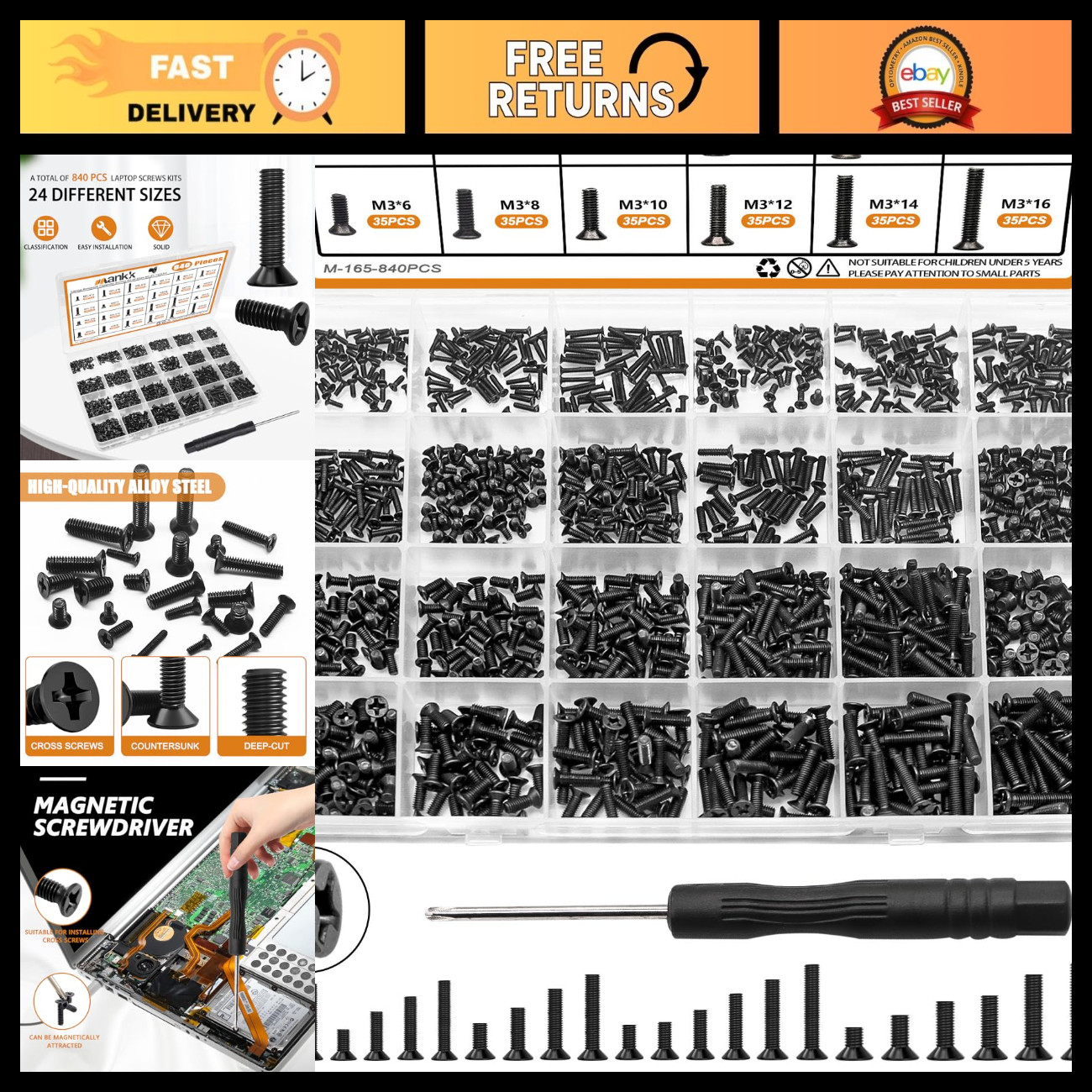 840PCS Laptop Screws Set - 24 Sizes M1.4/1.7/2/2.5/3 for PC Repair & DIY with Sc