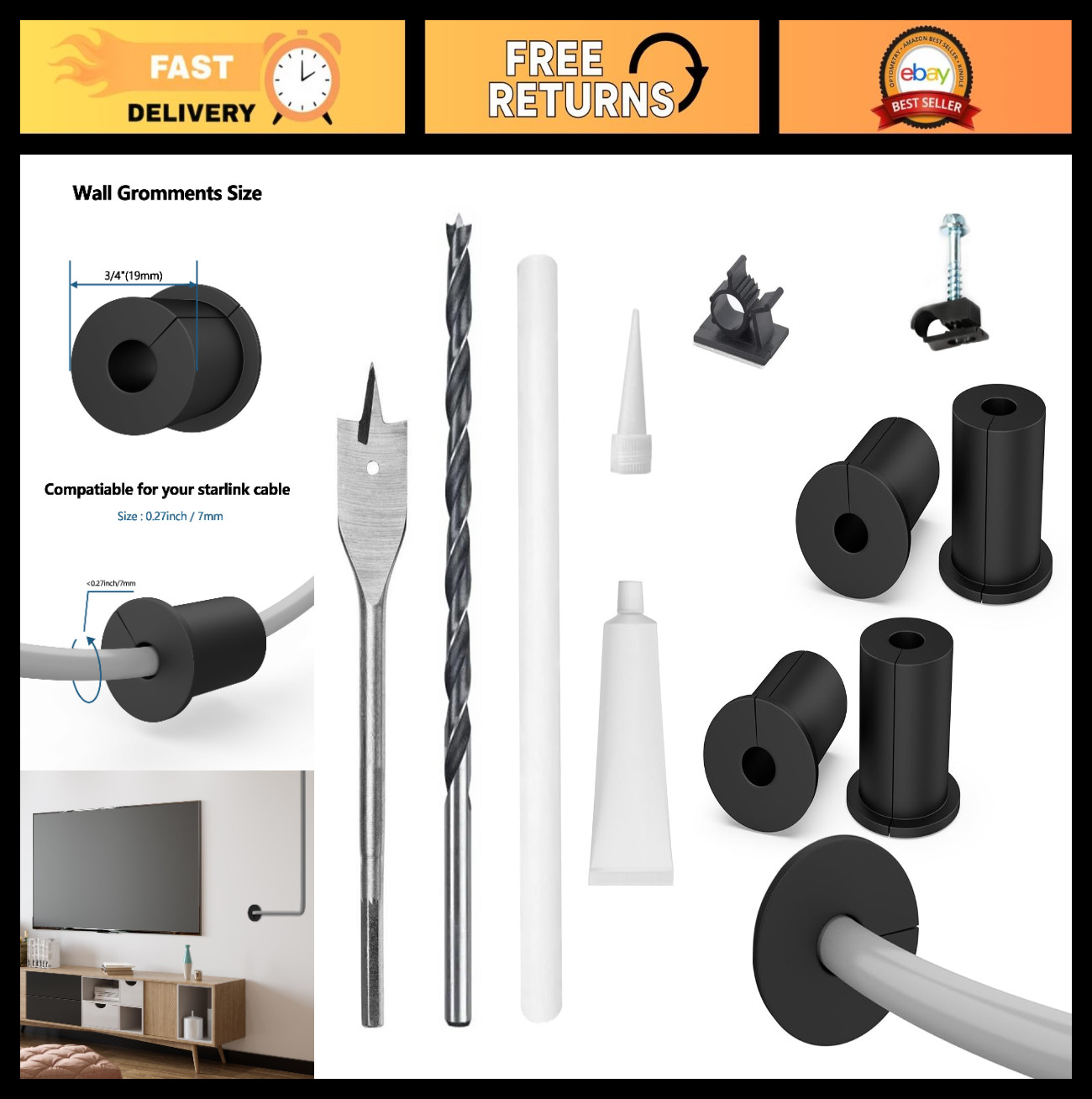 Cable Routing Kit for 3/4" Wall Hole - 4PCS Grommets, Drill Bit & Clips Included