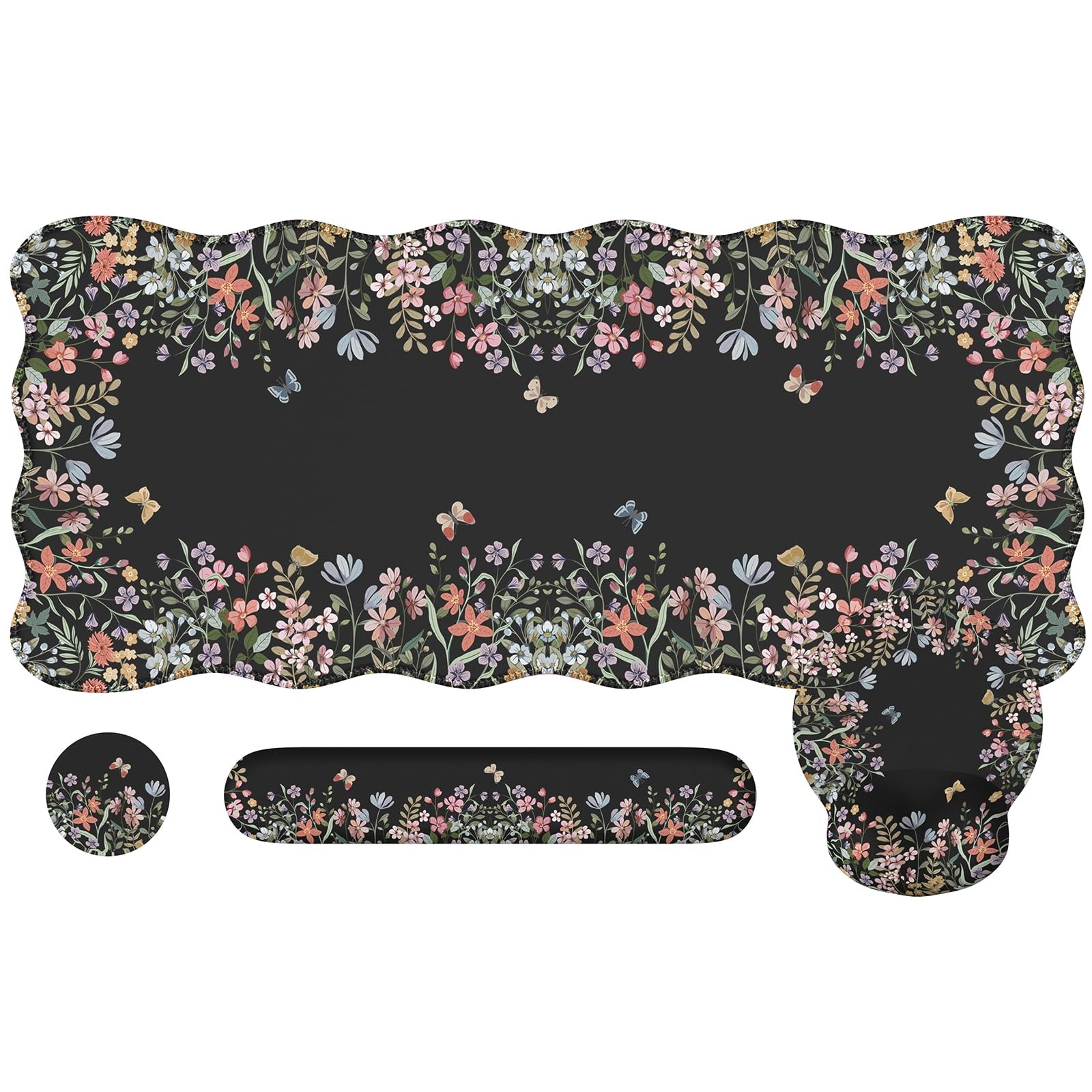 Black Floral Large Desk Mat Set Mouse Pad Keyboard Wrist Rest Scalloped Edge