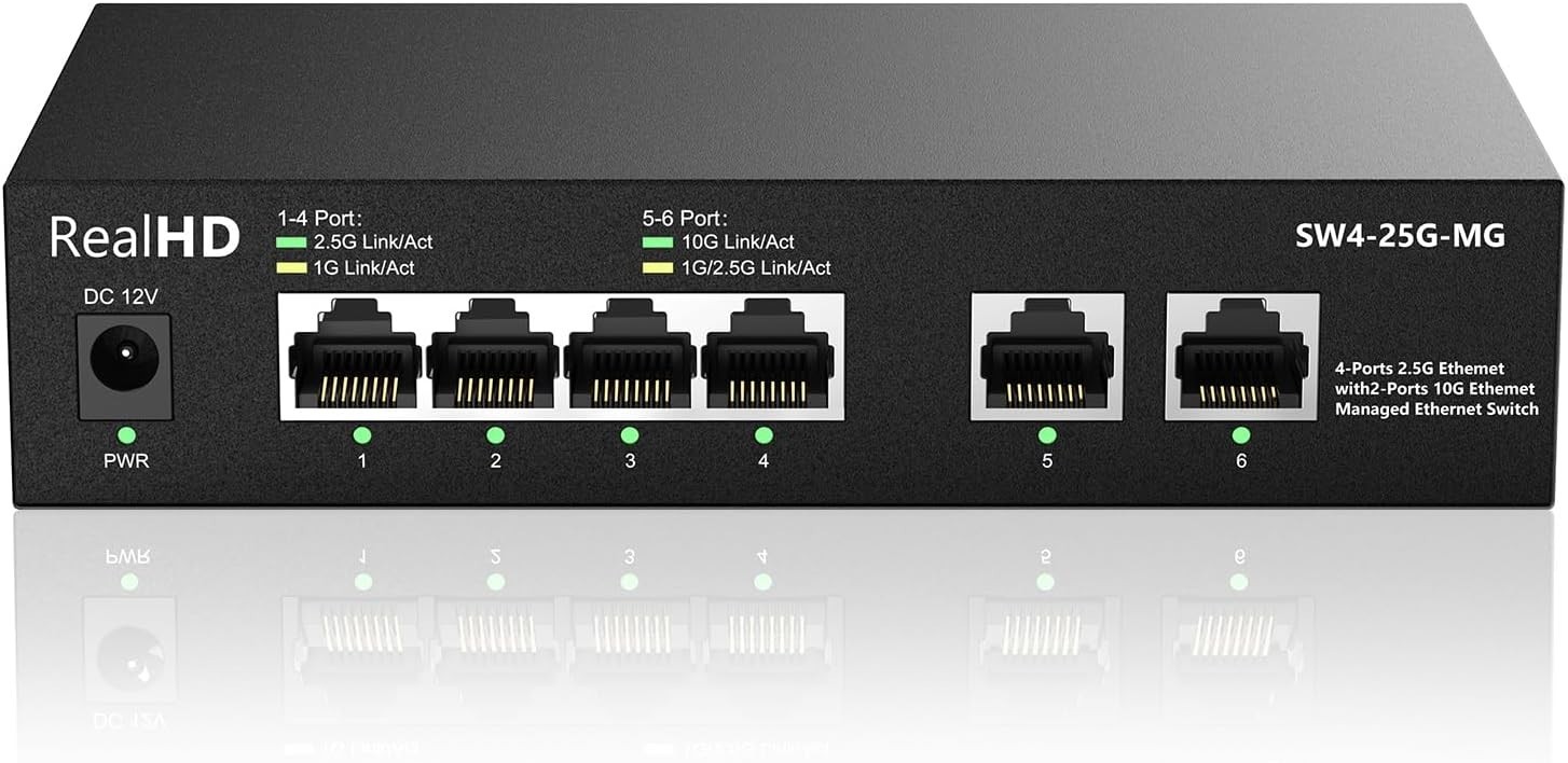 6 Port 10G Managed Ethernet Network Switch 2 x 10G RJ45 & 4 x 2.5G Base T Ports