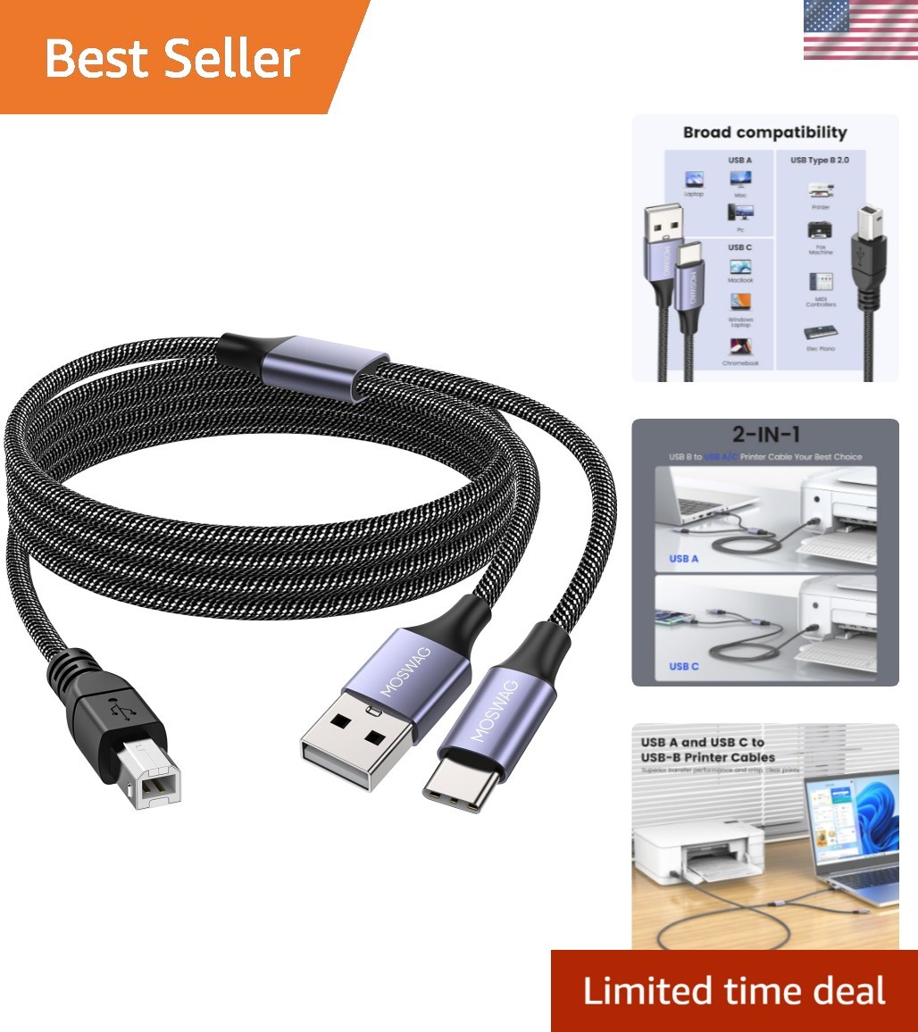 Versatile 2-in-1 USB Printer and MIDI Cable - 5-Foot Braided, Heat-Resistant