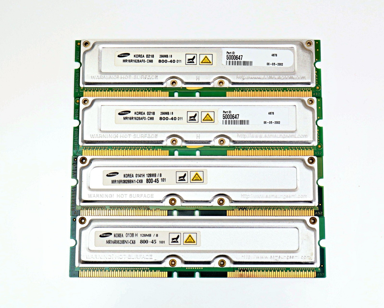 Samsung RDRAM RIMM PC800 768MB Lot (2x 256MB MR16R1628AF0 + 2x 128MB) Vintage RA