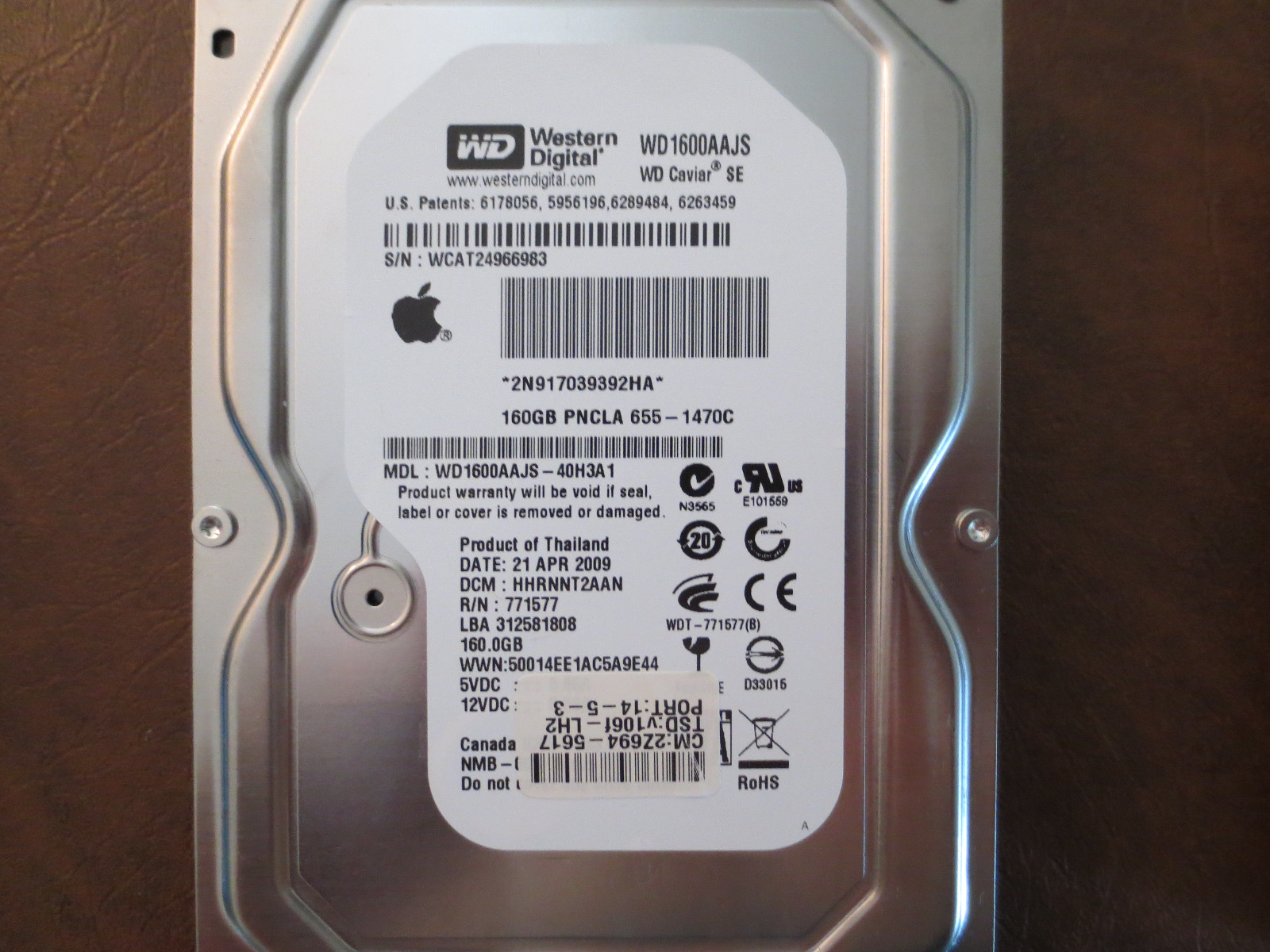 WD WD1600AAJS-40H3A1 DCM:HHRNNT2AAN Apple#655-1470C 160gb 3.5" Sata Hard Drive 