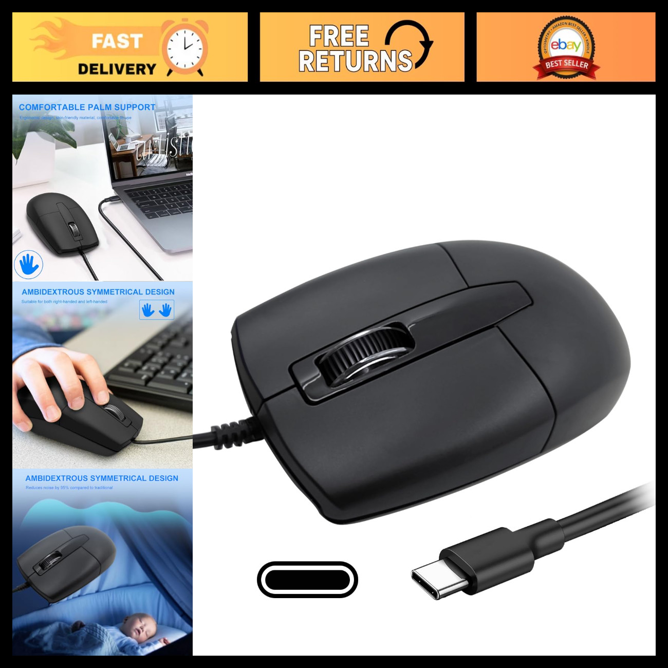 USB C Optical Mouse - Portable Silent Wired Mouse for Laptop, Mac, PC & Android