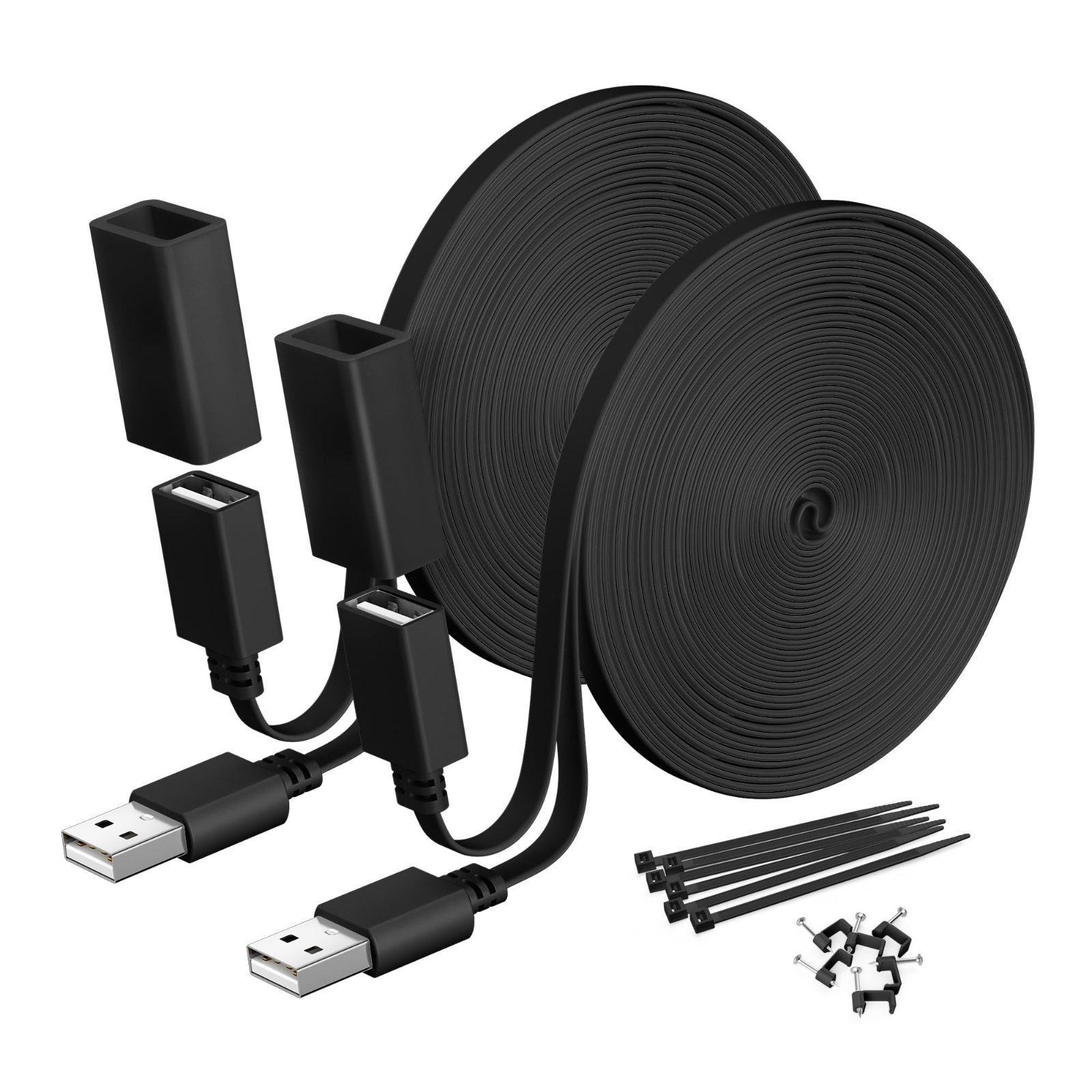 Flat USB A Extension Cable for Security Cameras 20FT/6M 2Pack,Black