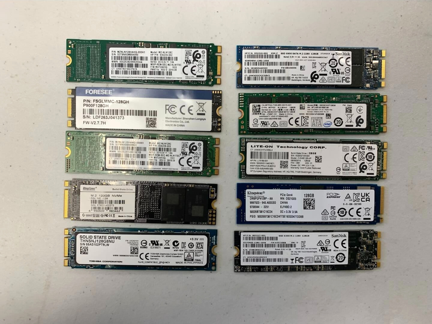 LOT OF 10 Mixed Brand 128GB PCIe NVMe SSD M.2 SATA NVME SSD