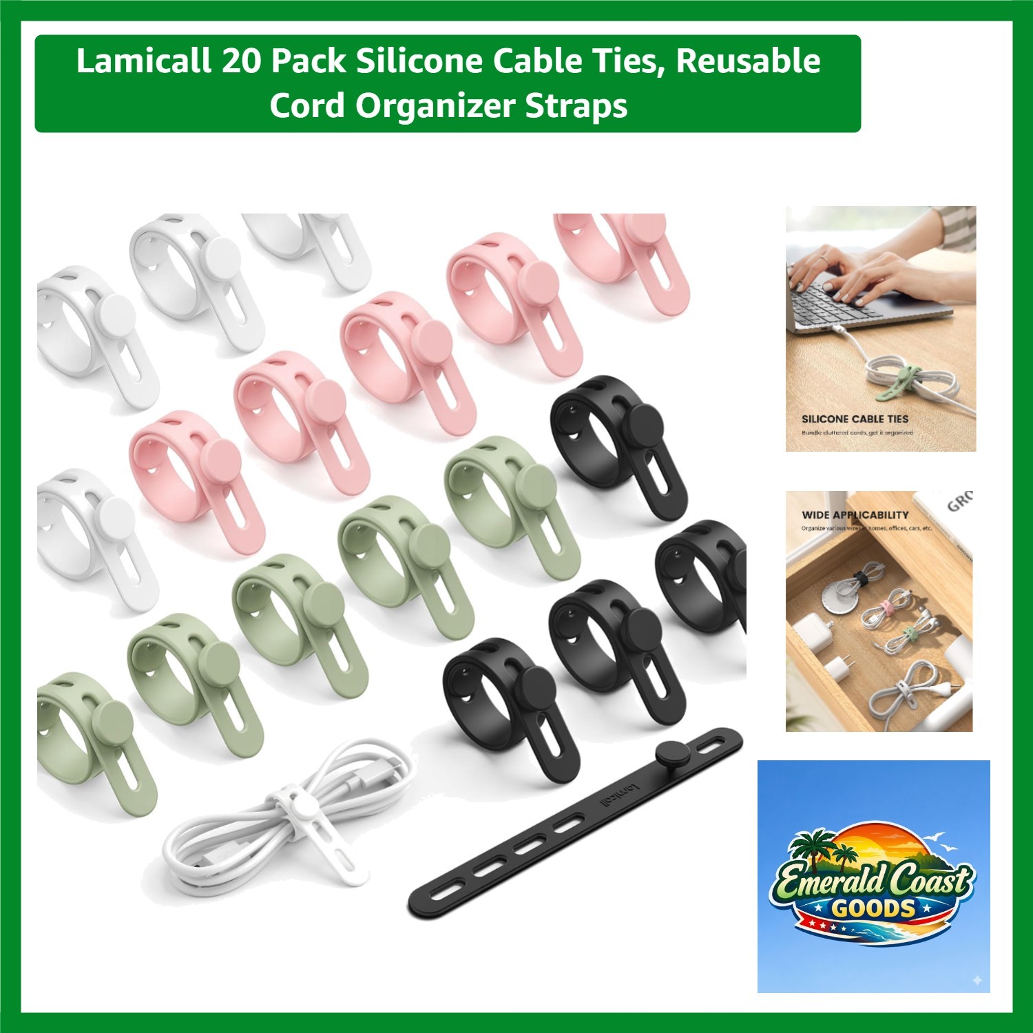 Versatile 20 Pack Silicone Cable Organizer Ties - Perfect for Home and Office