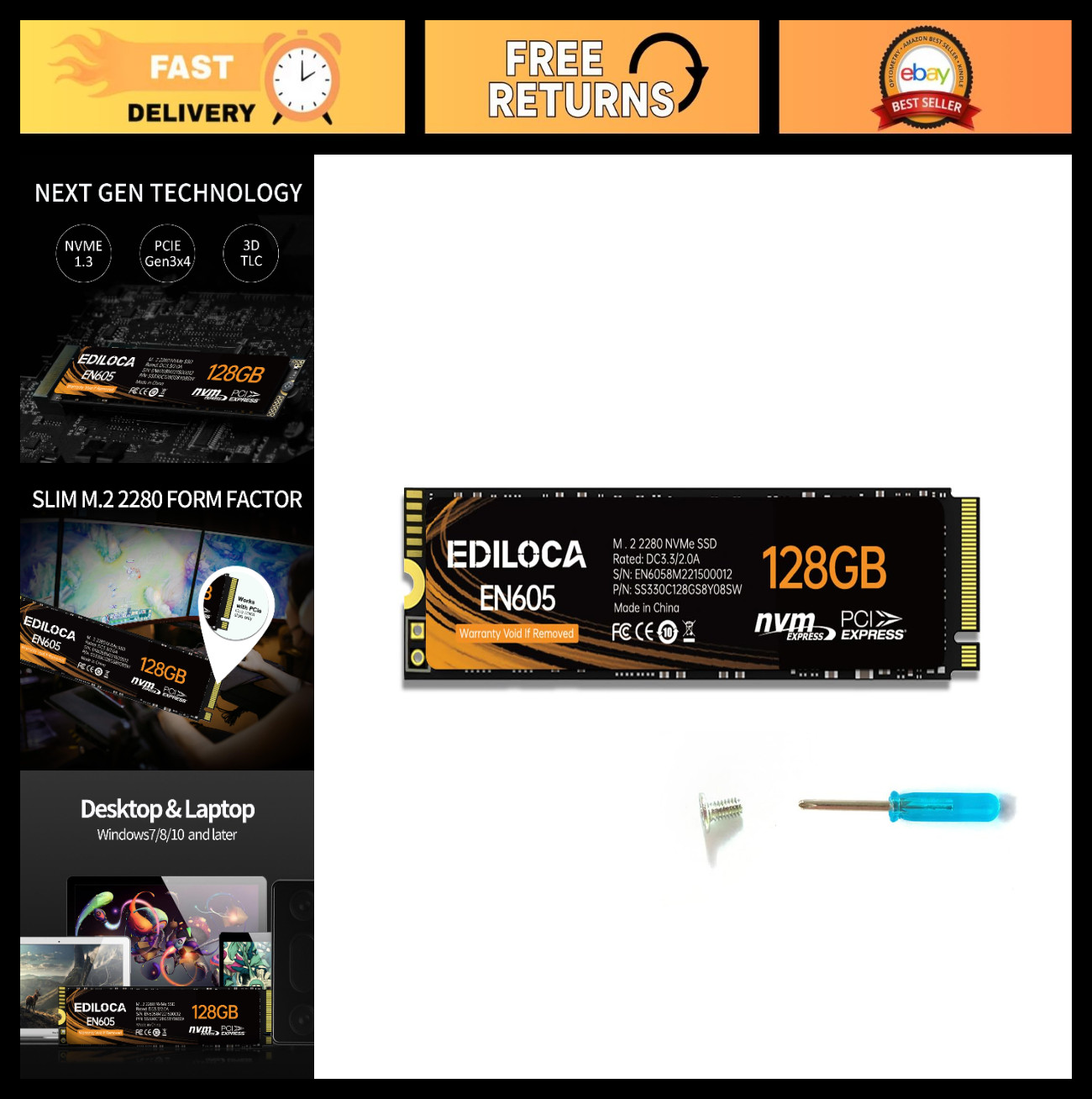 128GB M.2 NVMe PCIe Gen3 x4 SSD Internal Hard Drive - 1130/400 MB/s for Laptop/P