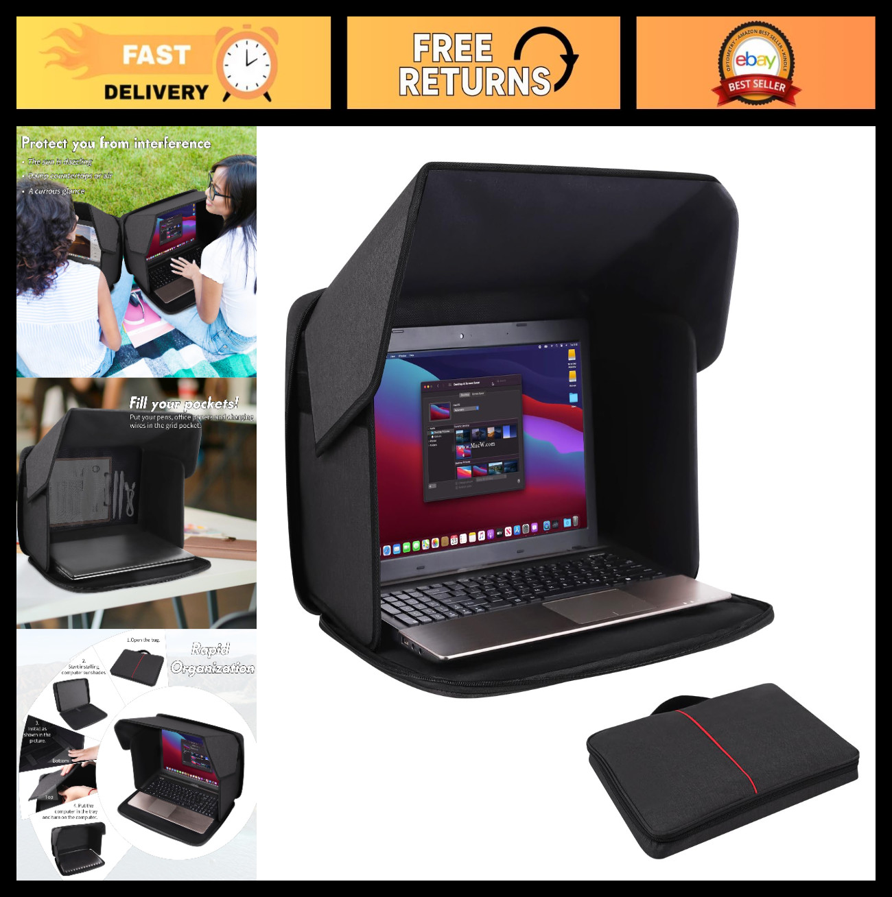 Foldable Laptop Sun Shade & Glare Shield - Privacy Screen Hood for 12-14" Laptop