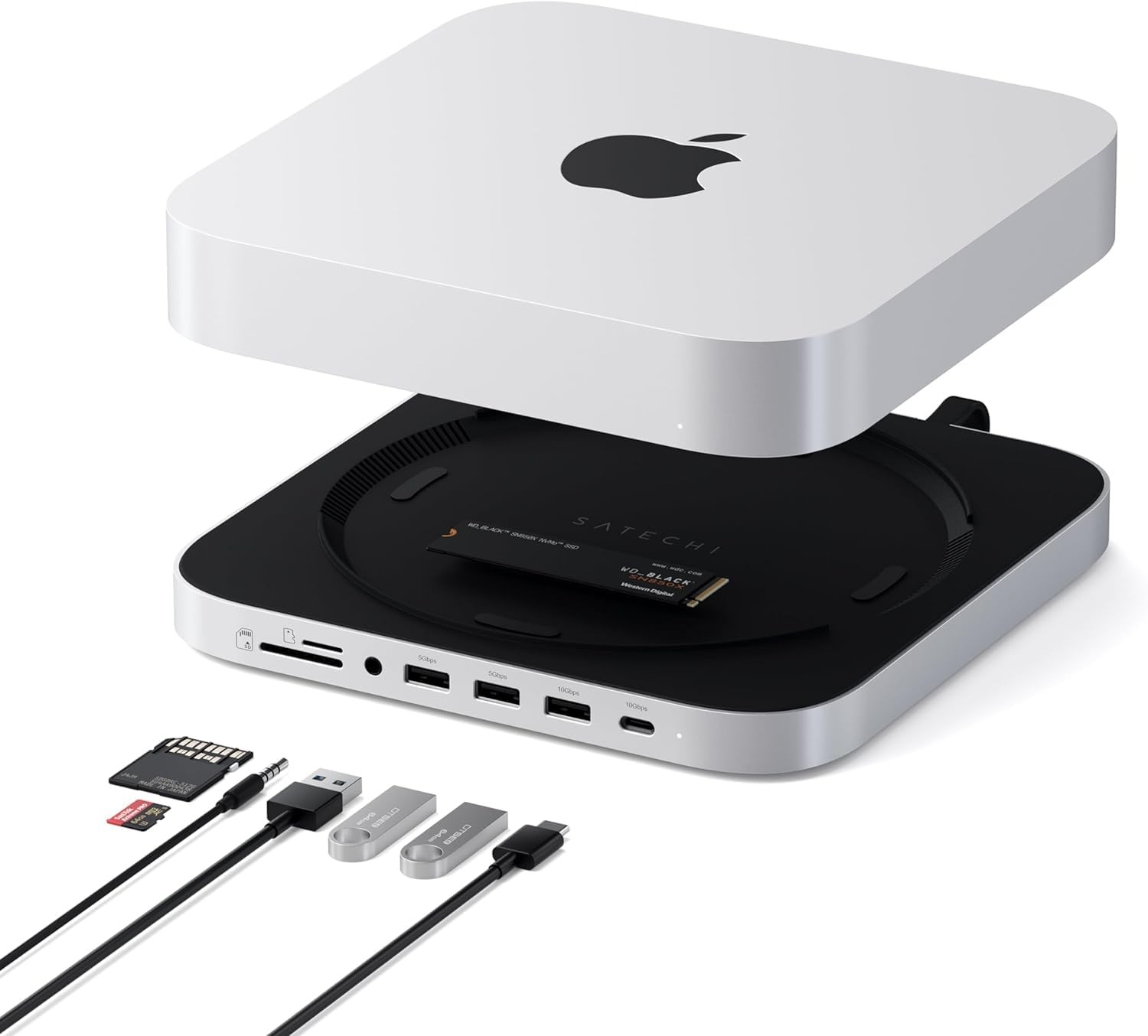 Satechi Mac mini Hub & Stand, NVMe/SATA SSD Enclosure, USB-C 10Gbps, Silver
