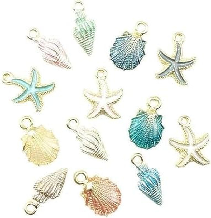 13 Pcs Starfish Conch Sea Shell Pendants Mixed Random DIY Charms Sea Necklace Pe