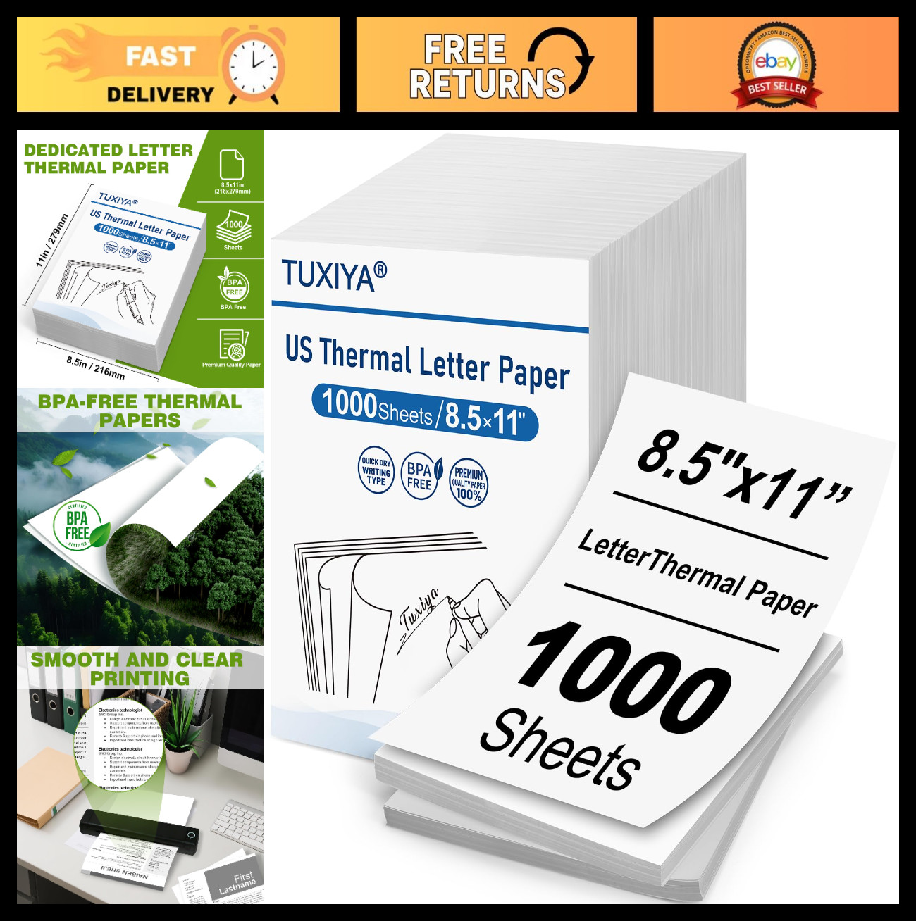 1000 Sheets Thermal Printer Paper 8.5"x11" - High Quality, Fast Printing, Compat