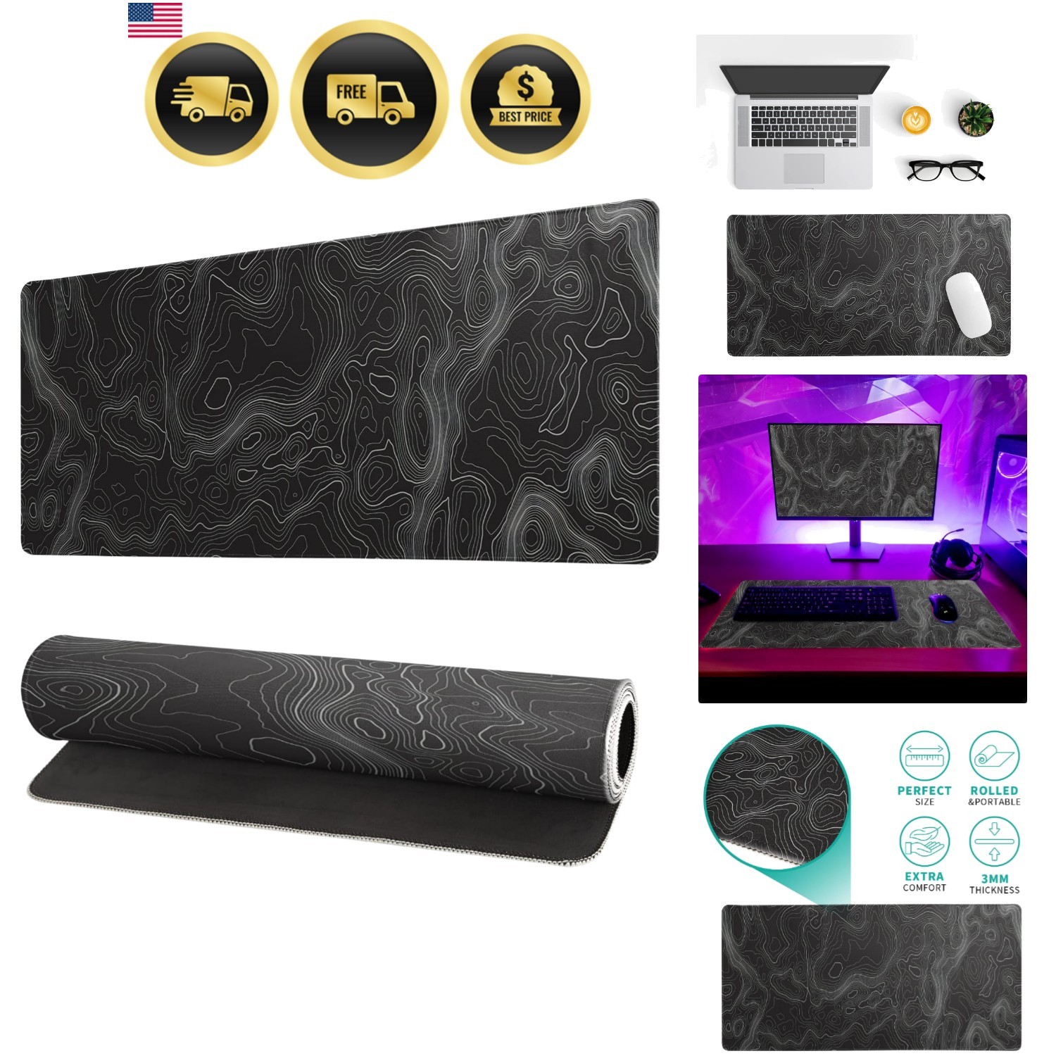 Topographic Contour Extended Big Mouse Pad Large,Gaming Mouse Pad Desk Pad,27...