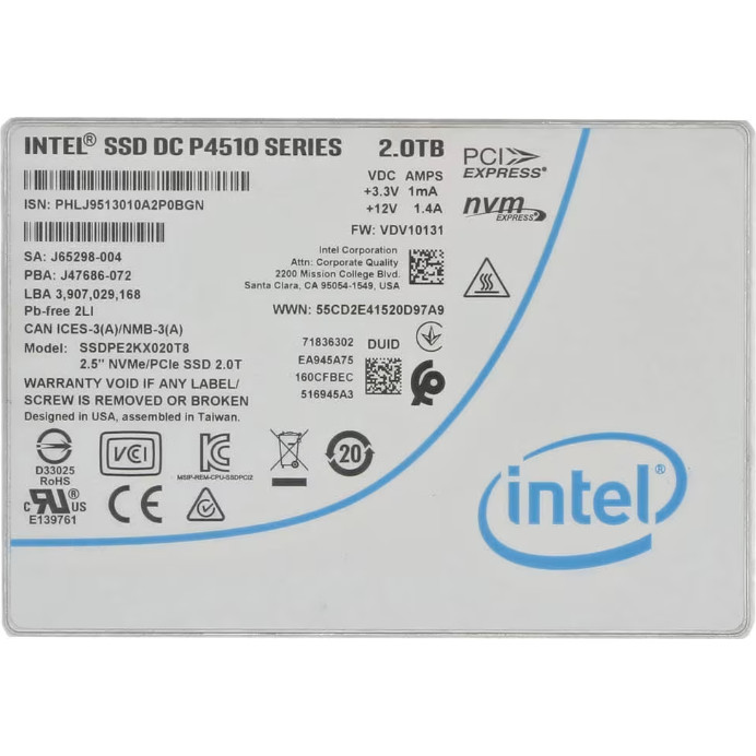Intel DC P4510 Series 2TB NVME U.2 2.5" SSD SSDPE2KX020T8