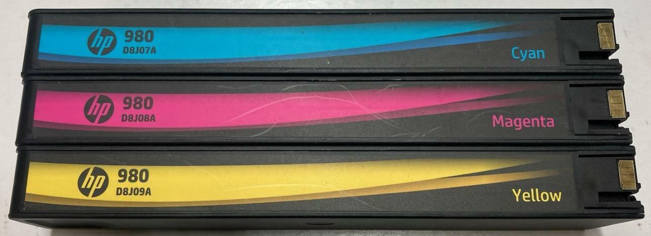 Set of 3 Mostly New Genuine HP 980 CYN MAG YEL Inkjets NO BX 65% INK CARTRIDGES 
