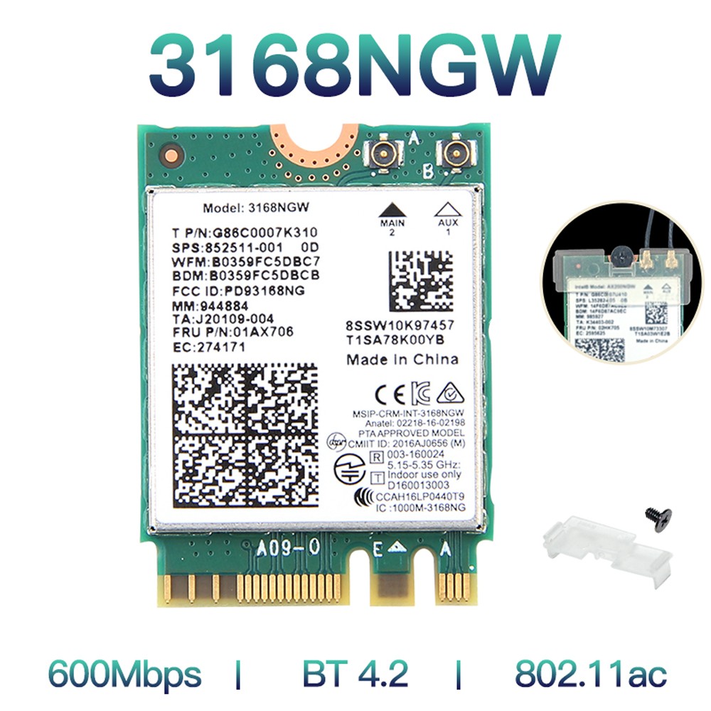 5pcs Intel 3168NGW M.2 Adapter WiFi 5 802.11ac 600Mbps BT4.2 Laptop Network Card
