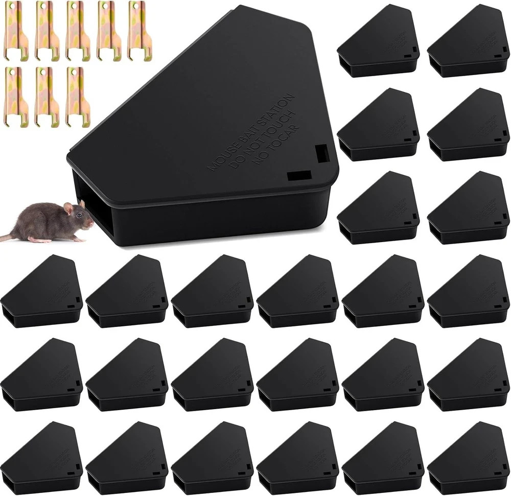 24 Pcs Mice Station with Key Triangle Mouse Station Reusable Rodent Trap Box,...