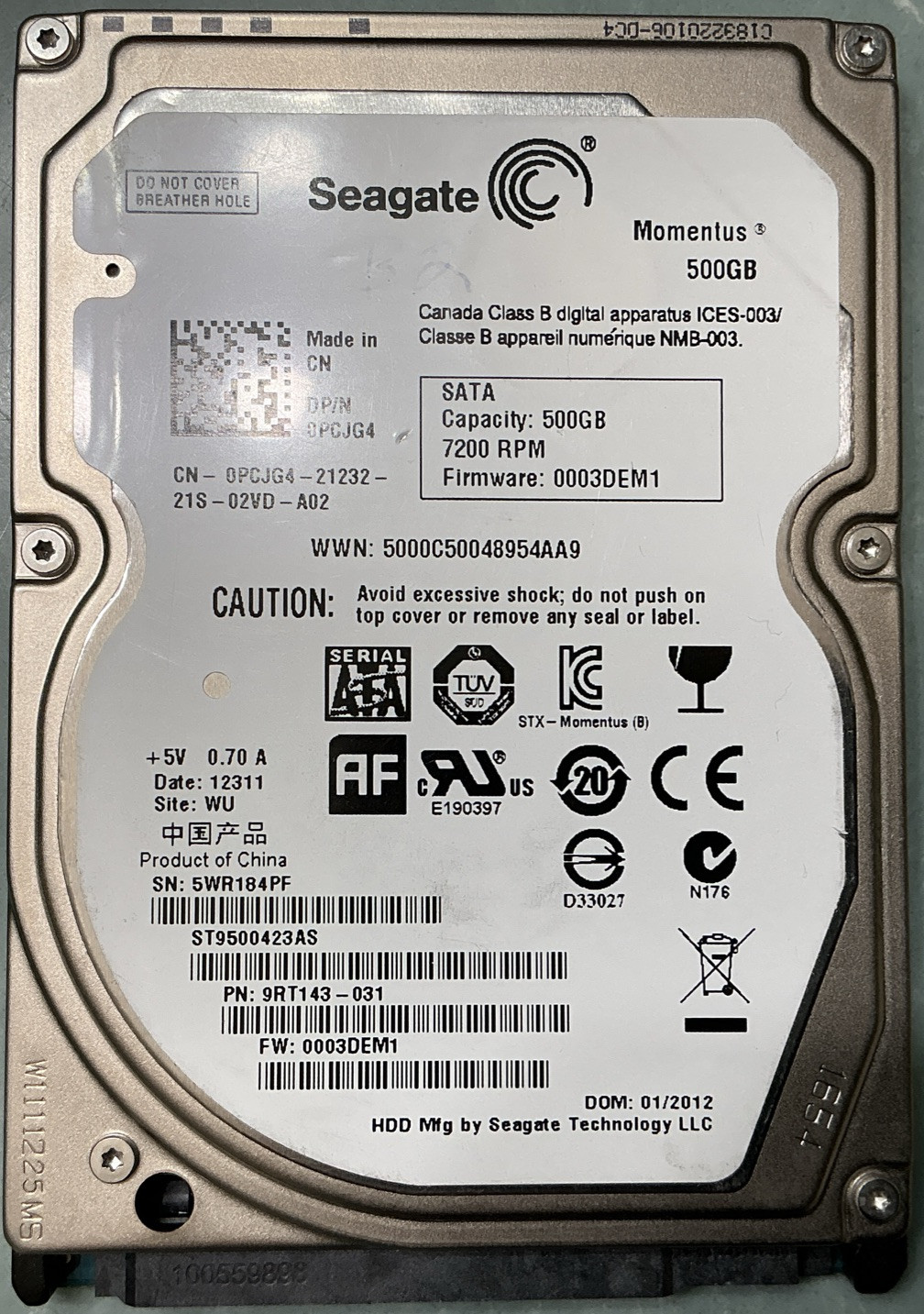 SEAGATE MOMENTUS ST9500423AS 500GB HDD 2.5" 7200RPM SATA 3Gb/s 9.5mm