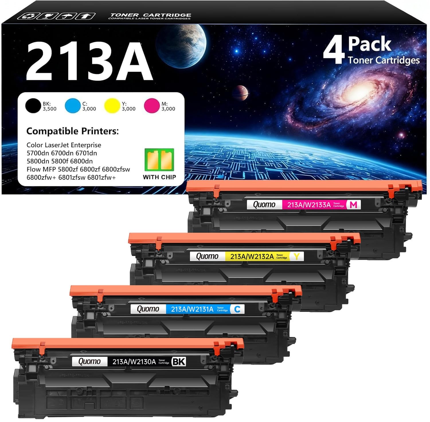 213A Toner Cartridge 4 Pack with Chip 213A/W2130A, 213A-1 Black 3 Color