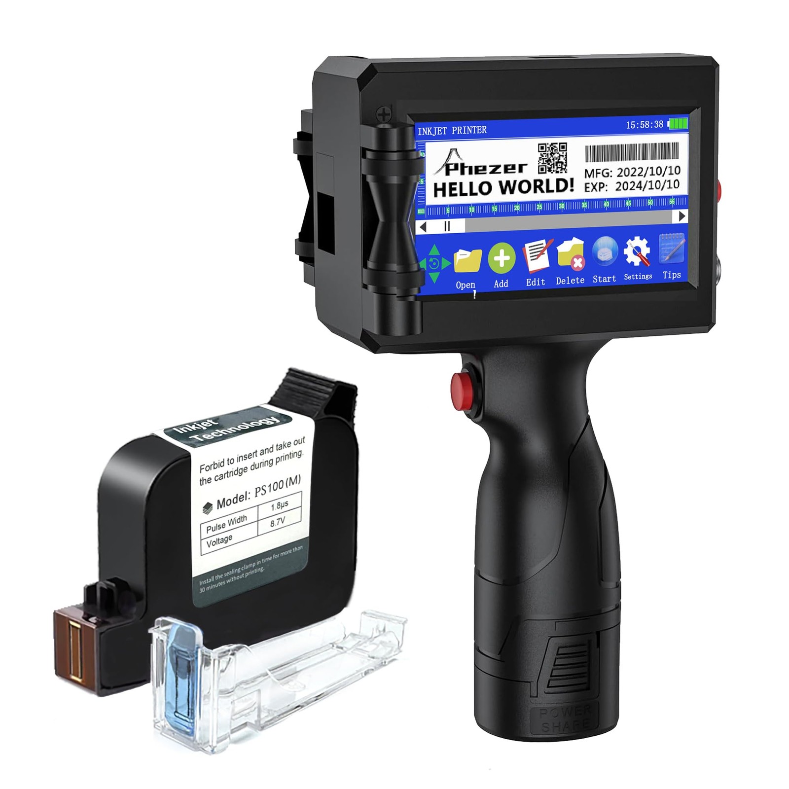 Phezer P15 Handheld Inkjet Printer 0.5" Nozzle 25 Languages Flat Surface
