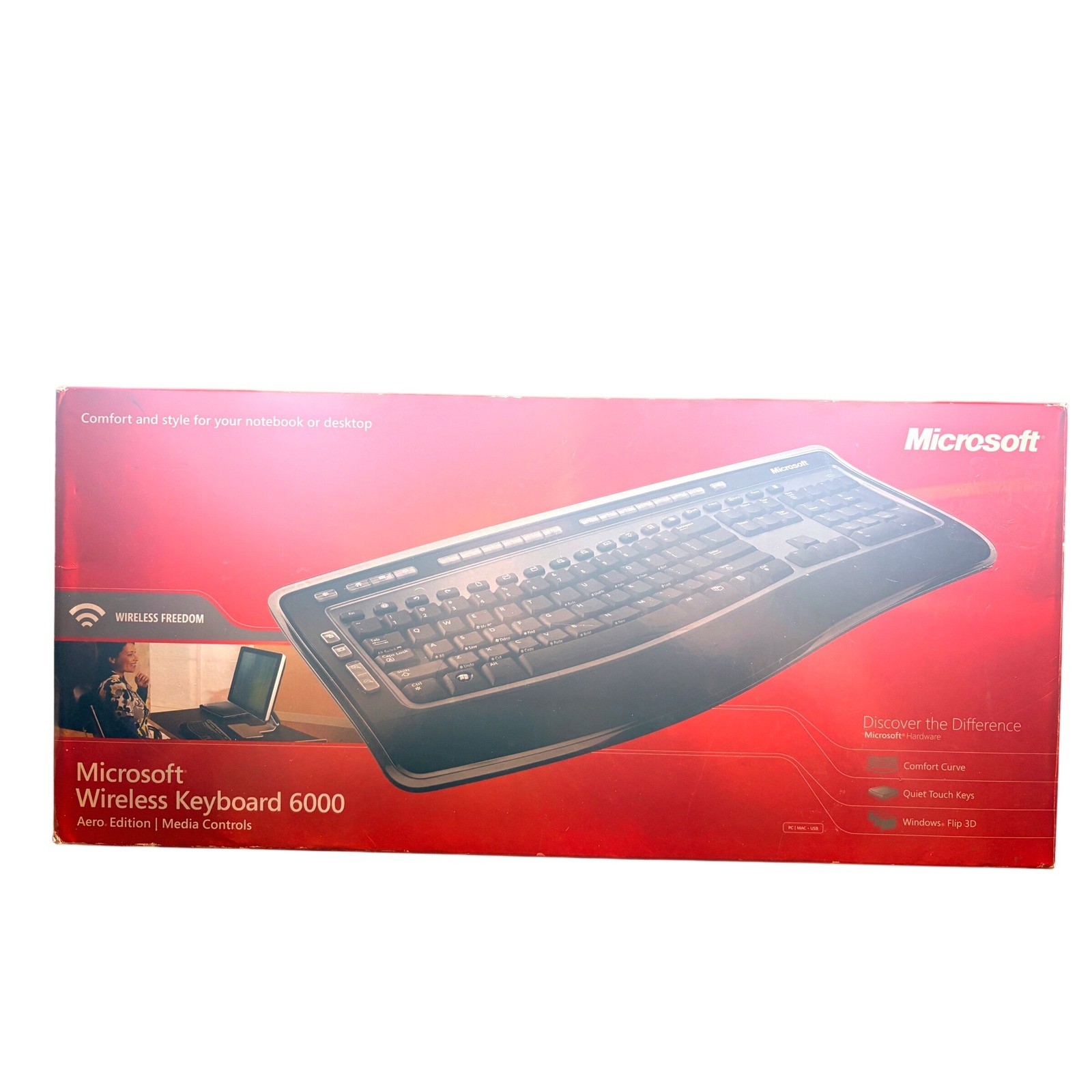 Microsoft Wireless Keyboard 6000 Aero Edition Ergonomic Media Controls NEW