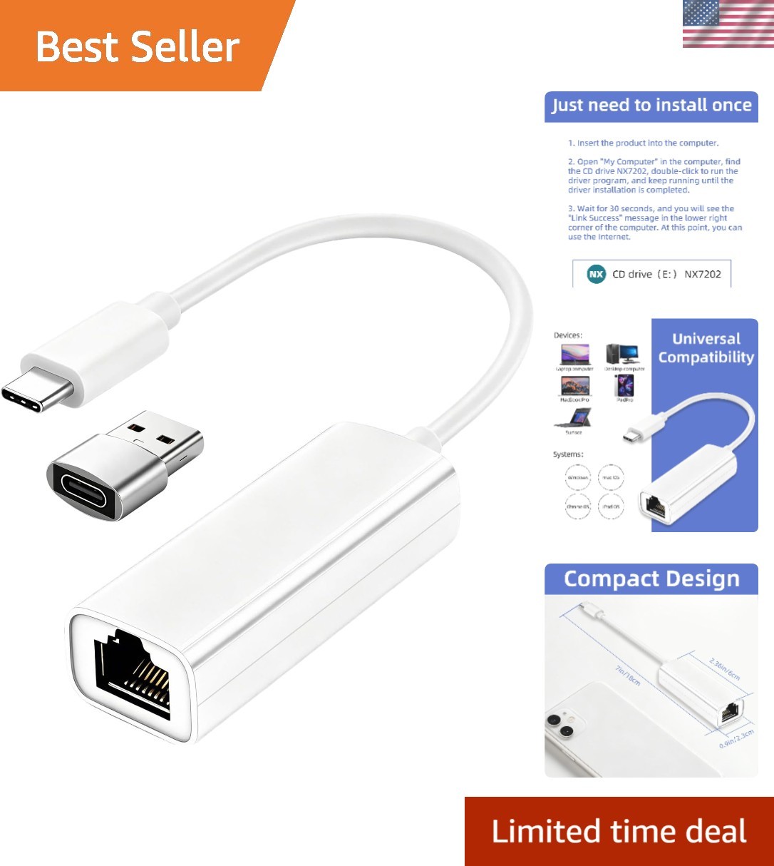 Reliable USB C to Ethernet Network Adapter - Fast 100Mbps for Laptops & More