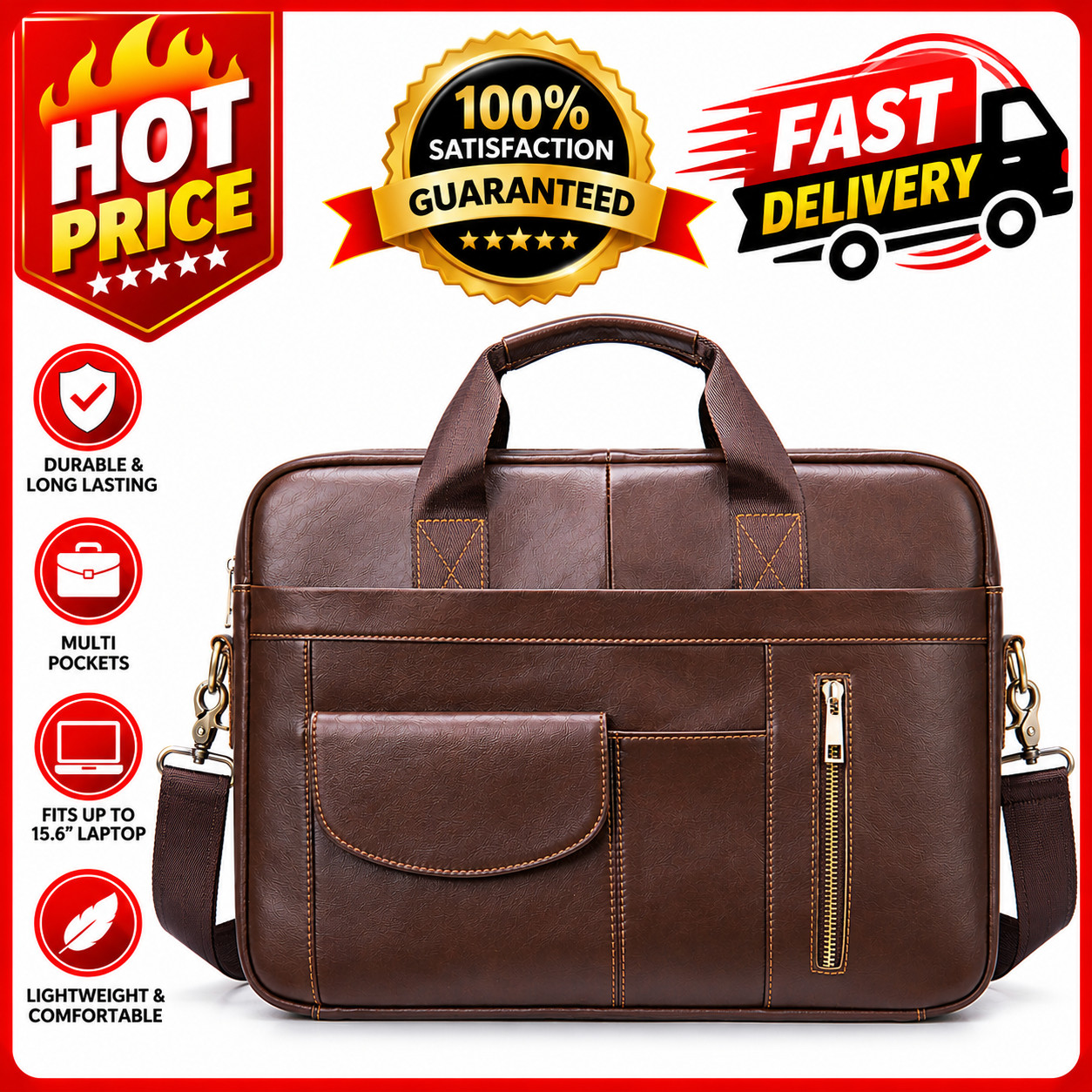 Full Grain Leather Business Briefcase, Laptop Messenger Bag & Crossbody Bag