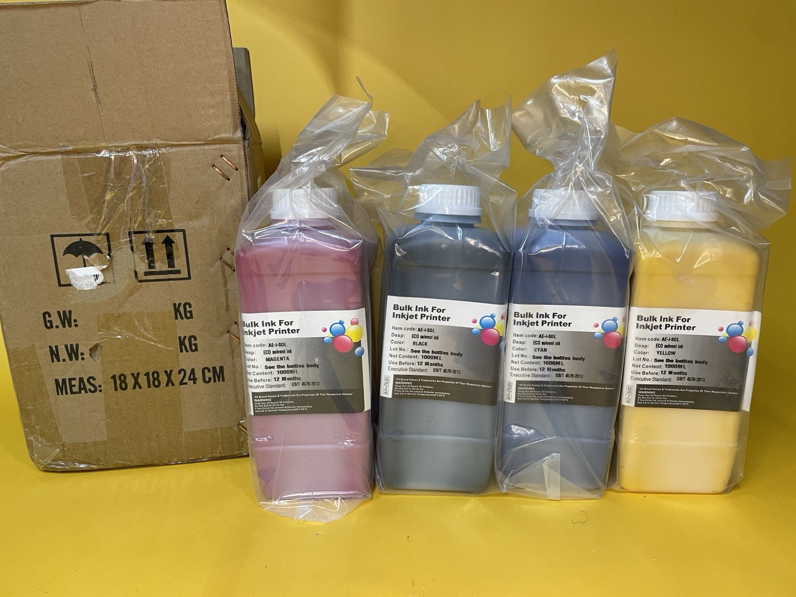 Eco Solvent Ink CMYK 4x1000ML 4L Bulk Ink AE-I-SOL Wide Format Printer NEW