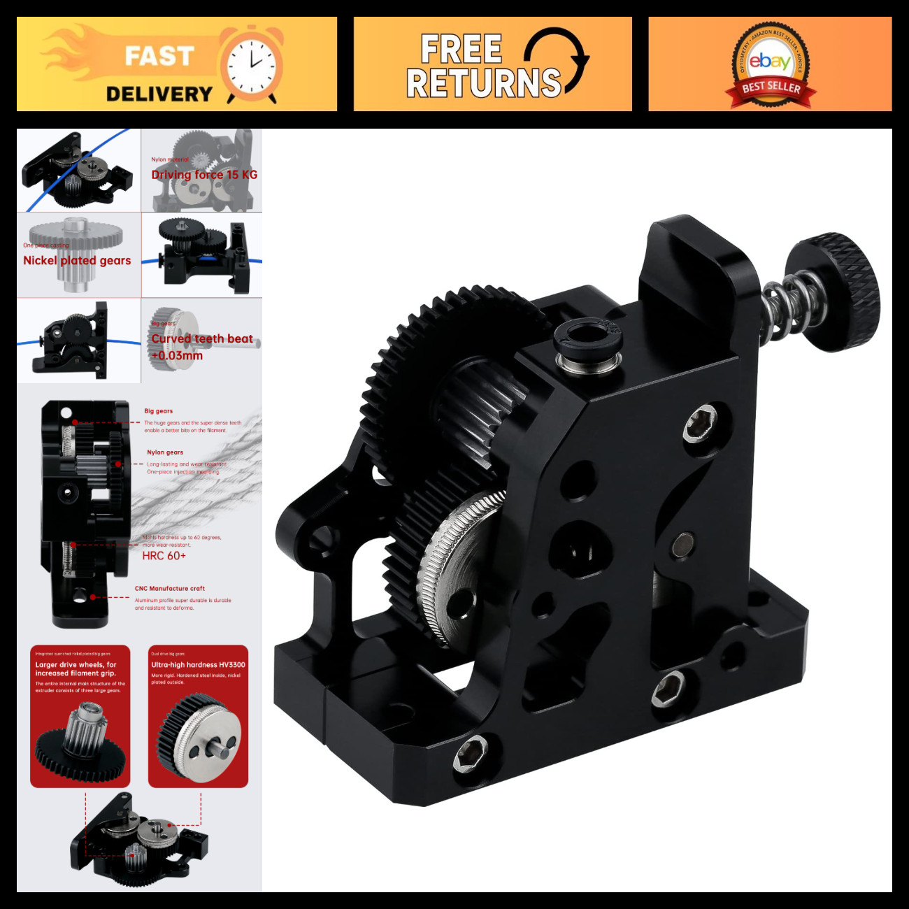 All Metal Hardened Steel 3D Printer Extruder Gear, Upgraded POM Drive for Ender