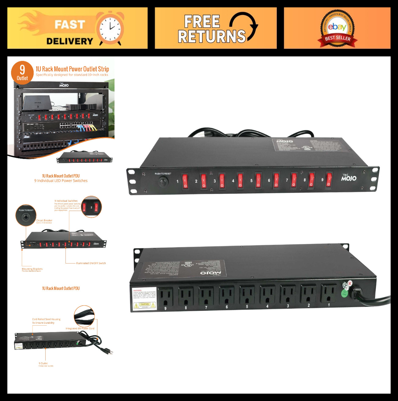 9-Outlet Rack Mount PDU with Circuit Breaker & Individual Switch, 6ft Cord for I