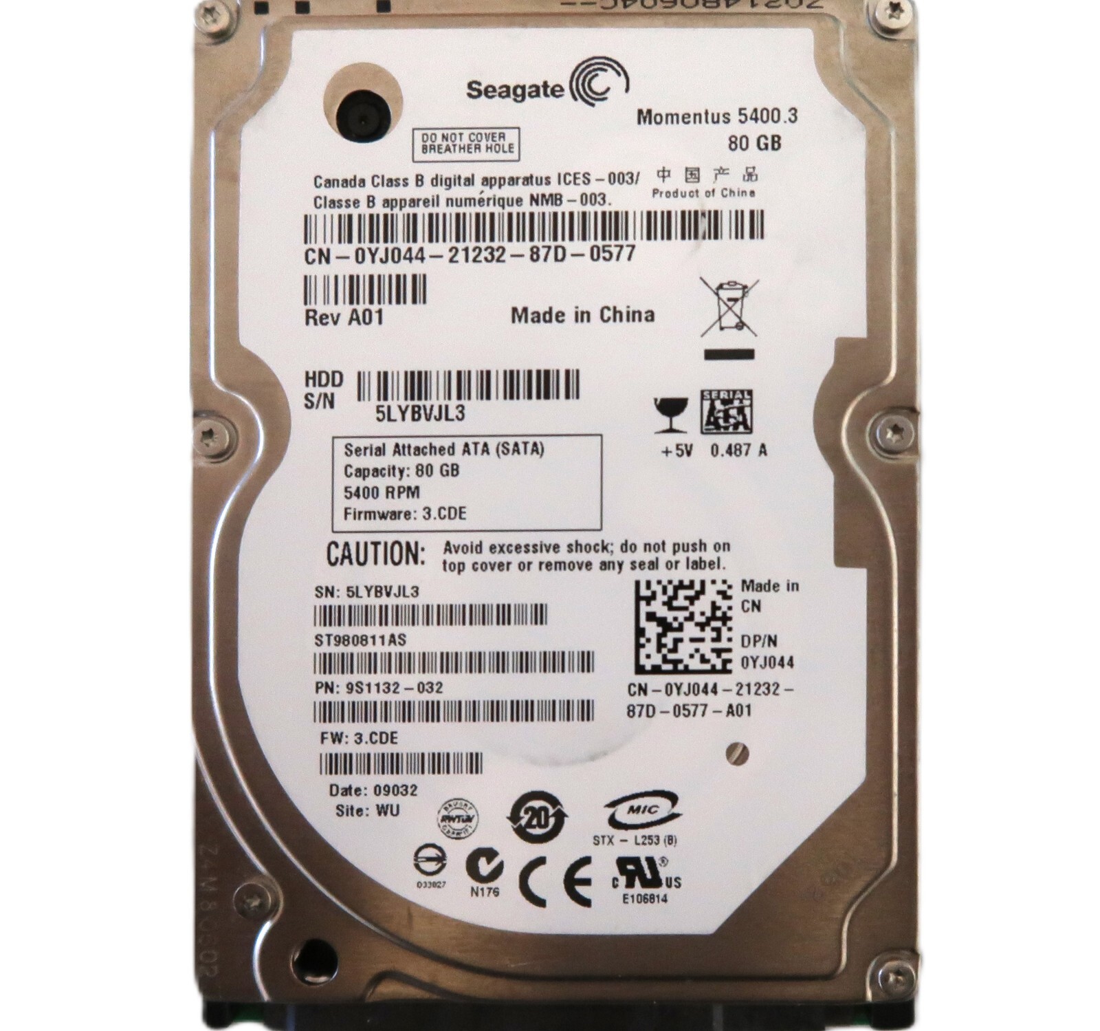 Seagate ST980811AS 9S1132-032 3.CDE (5LY) WU China 80gb 2.5" Sata HDD JUL/2008