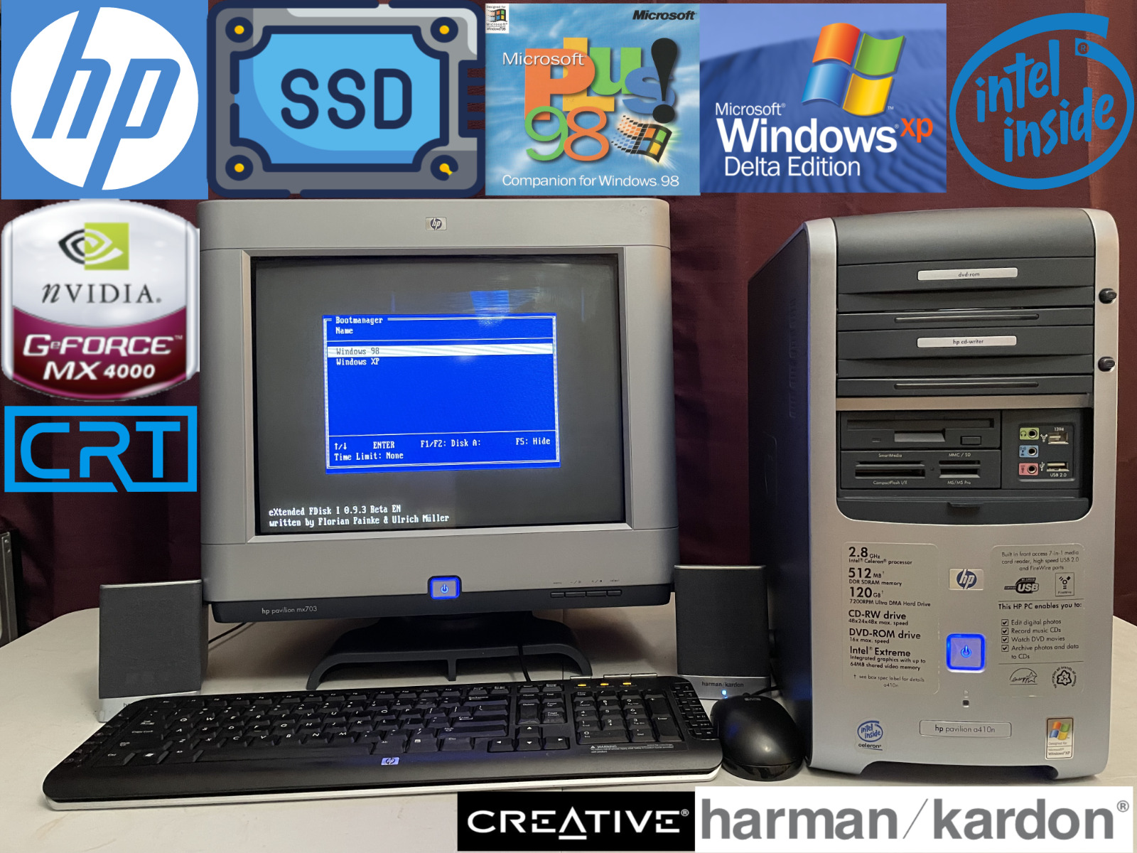 *RESTORED w/ SSD* DUAL BOOT Windows 98 XP HP Pavilion System w/ CRT Monitor