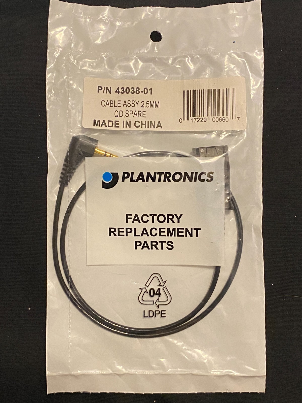 Plantronics Male 2.5mm Plug to Quick Disconnect Adapter Cable (43038-01) - New