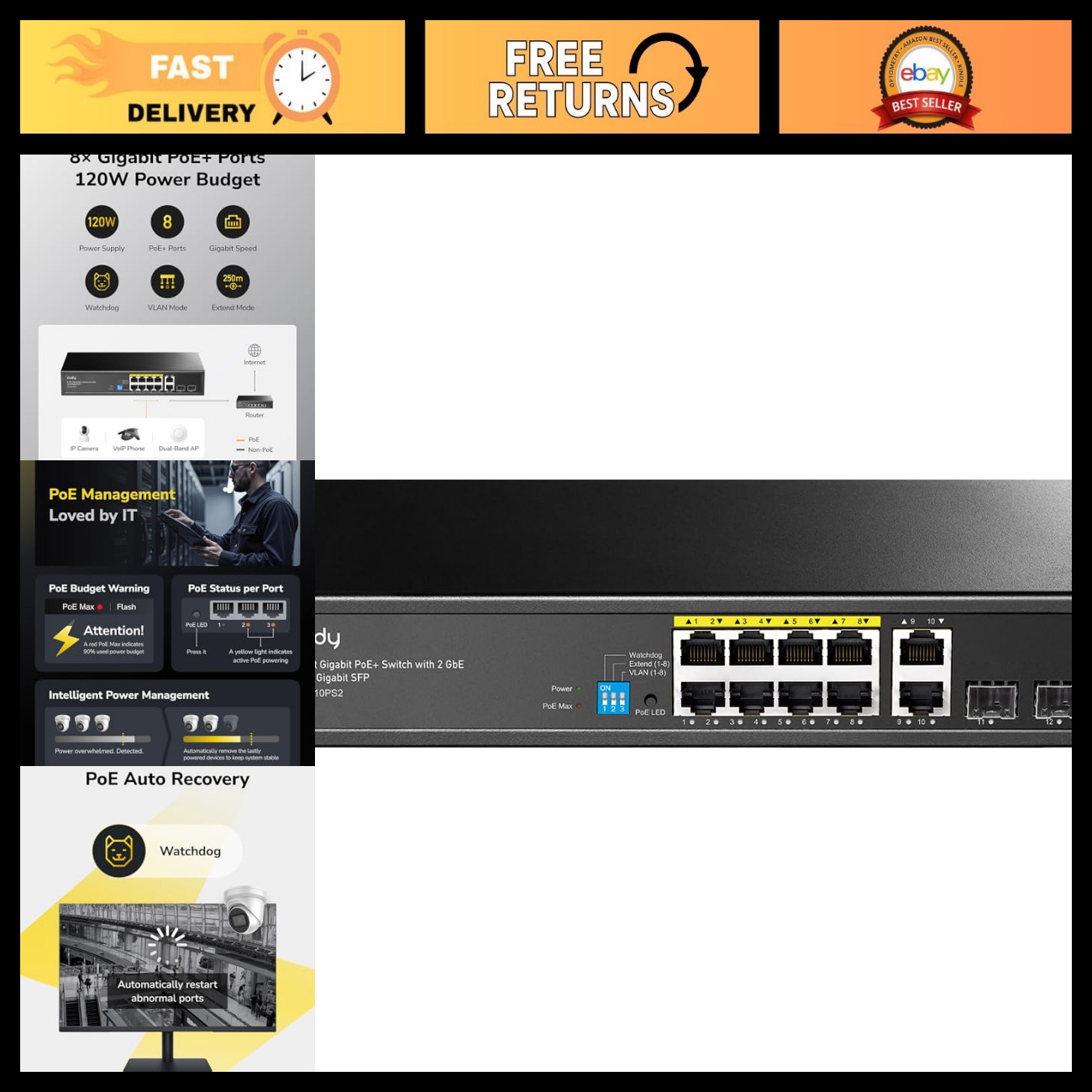 12-Port Gigabit Smart Switch, 120W PoE, 2 SFP Ports, Network Switch for Home/Off