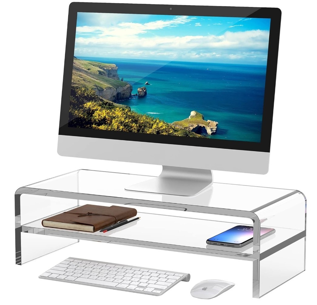 Acrylic Monitor Stand 2-Tier Computer Monitor Riser Desk Organizer Open18x8x5.5
