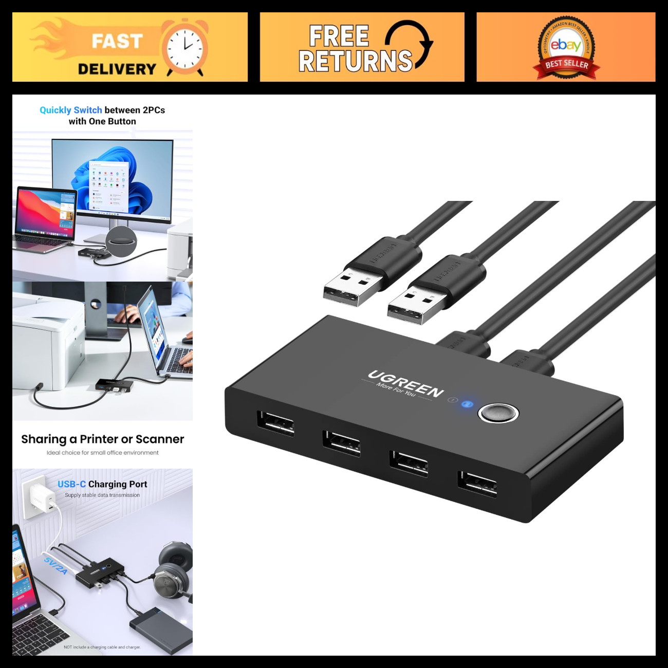 USB Switch Selector for 2 PCs, Share 4 USB Devices, One-Button Hub, 2 Pack Cable