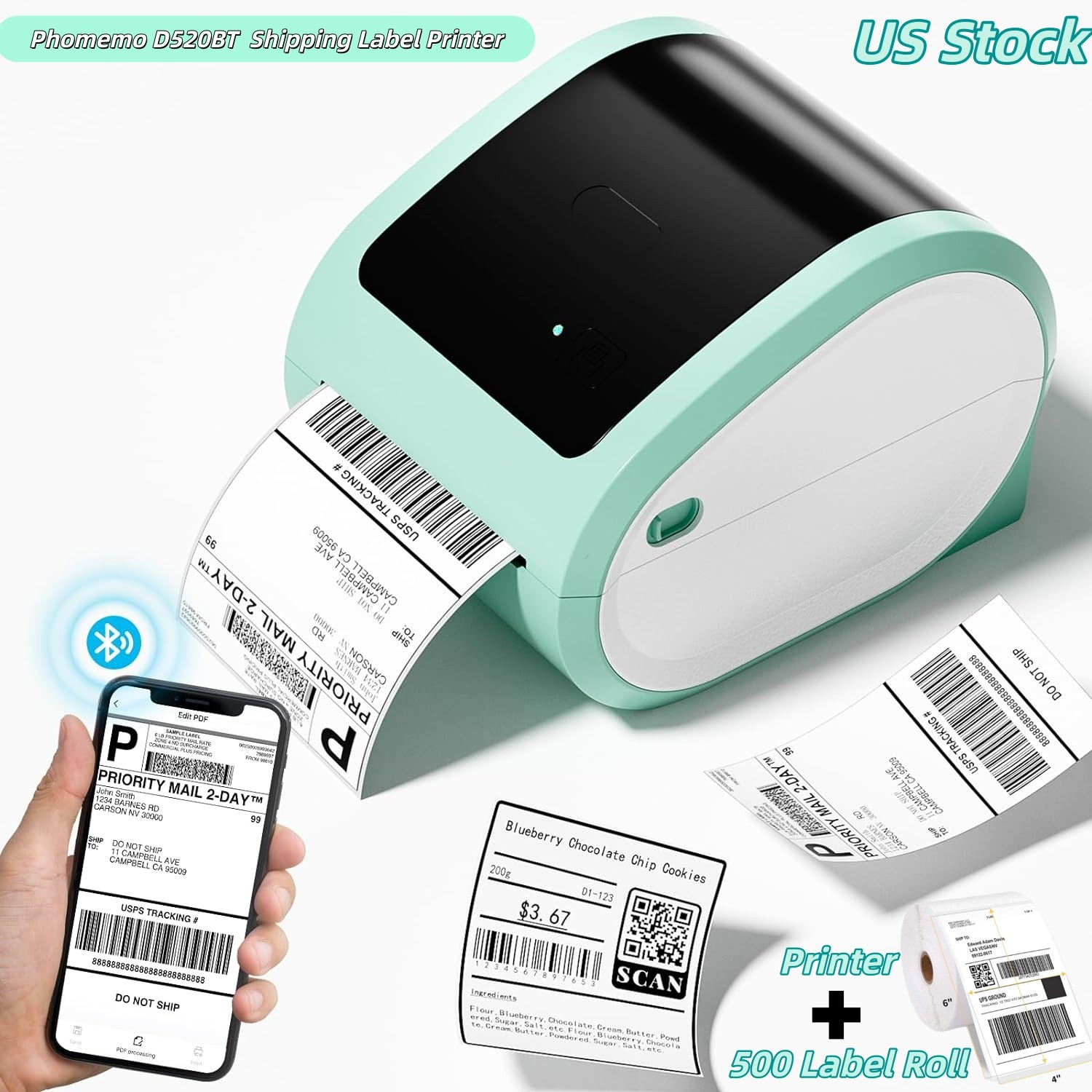 Phomemo D520BT Thermal Label Printer Bluetooth+530 Shipping Labels for eBay USPS
