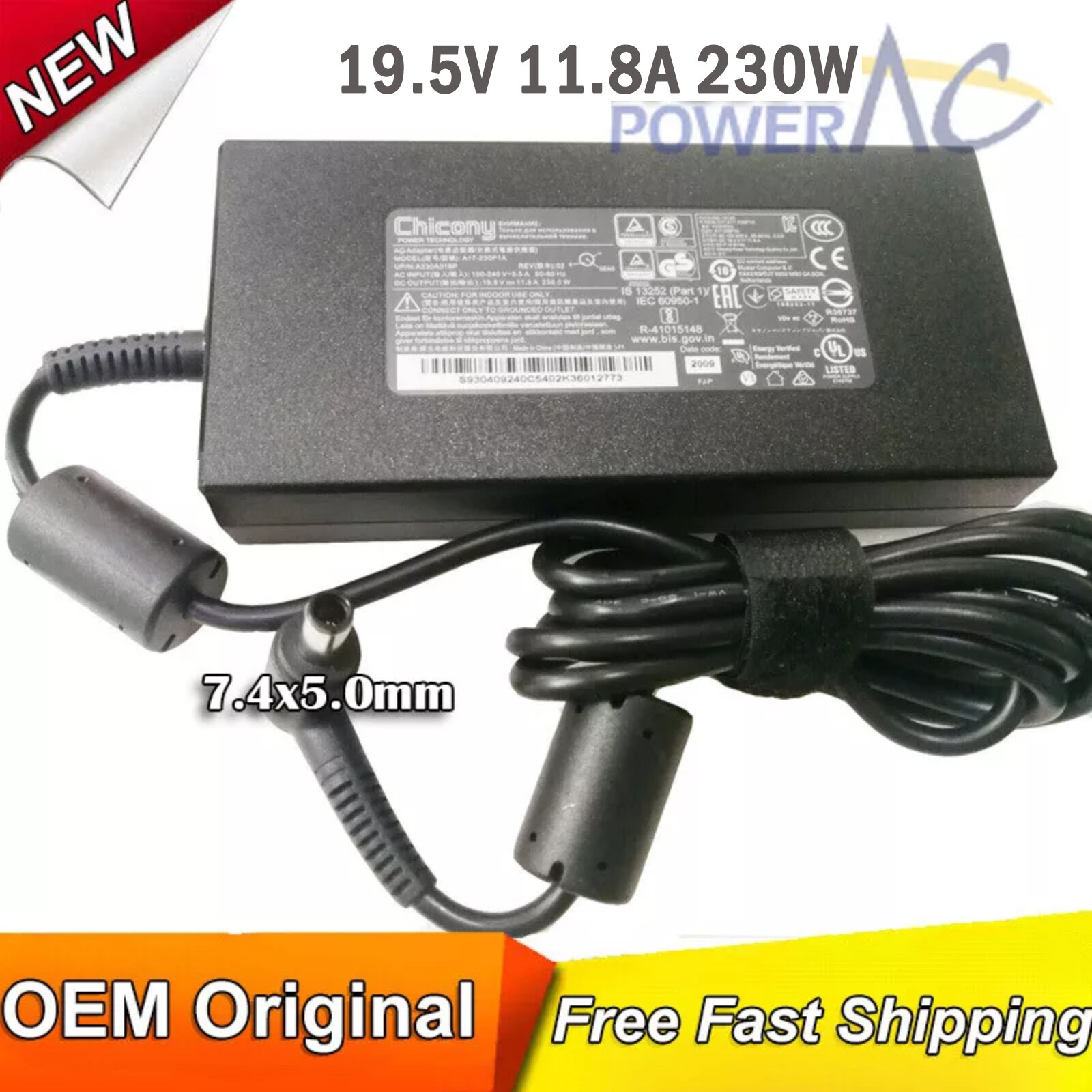 Original OEM Chicony 19.5V 11.8A AC Adapter for MSI GE73VR Raider-045,A12-230P1A