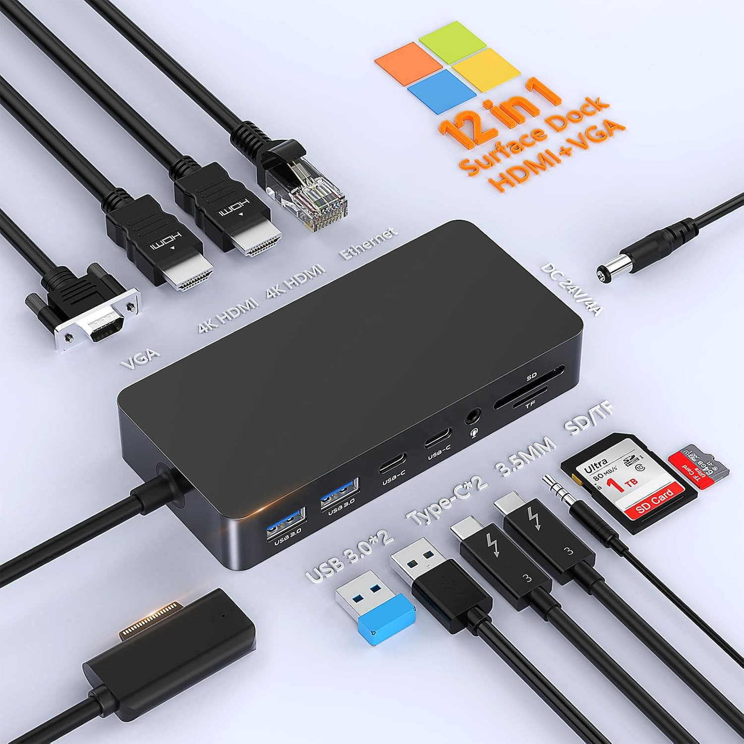 Surface Docking Station Triple Displays Dual 4K HDMI + VGA for Home Office
