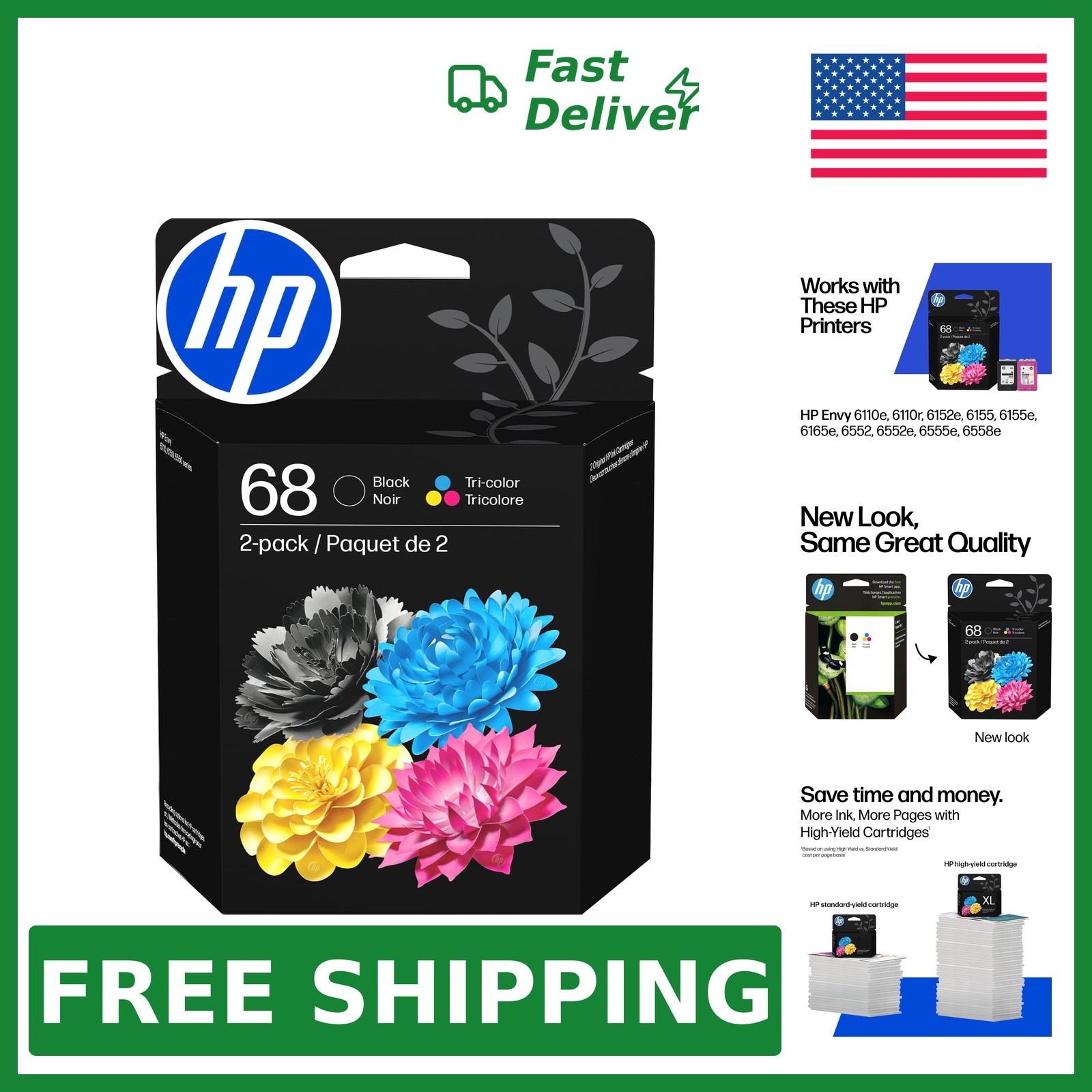 HP 68 Black/Tri-Color Ink Cartridges 2-Pack Size 4.82x1.88x6.37