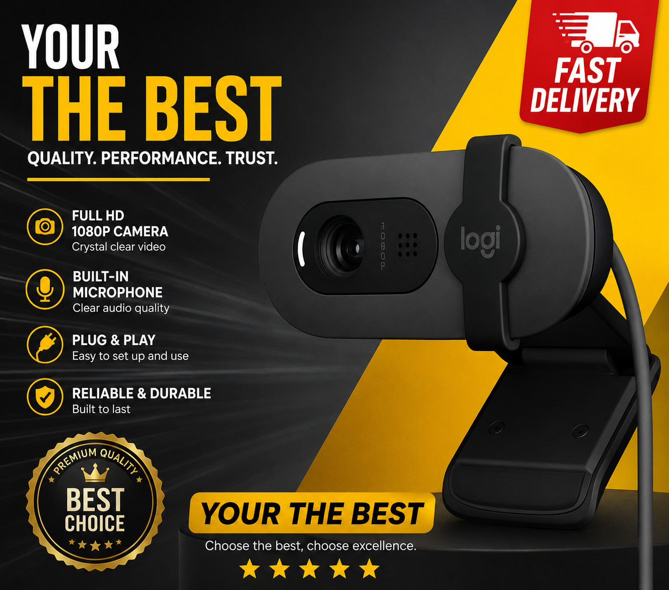 Brio 101 Full HD 1080P Webcam for Meetings, Streaming, Desktop, Laptop, PC - Bui