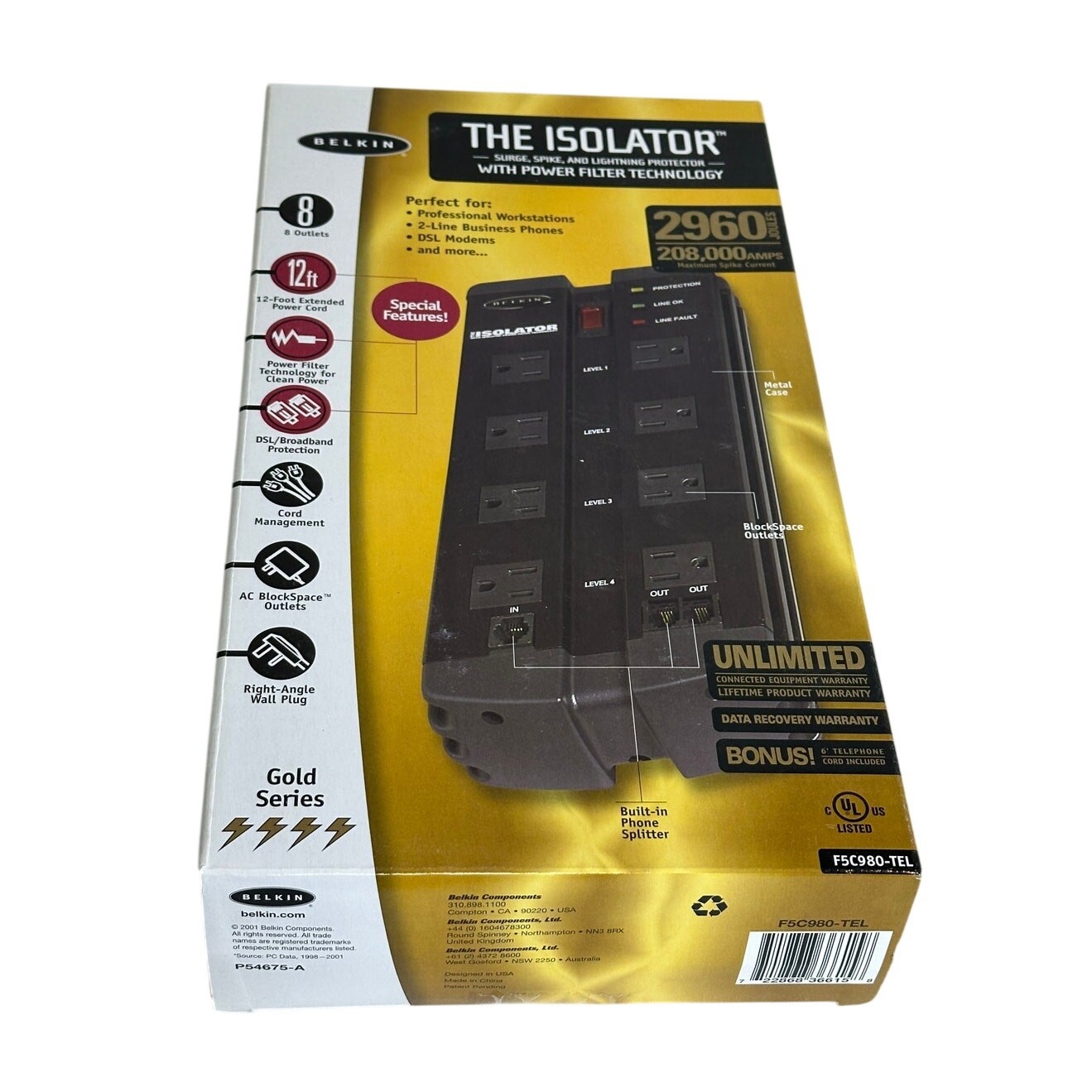 Belkin F5C980-TEL Isolator 8-Outlet Surge Protector 2960 Joules 12ft Cord